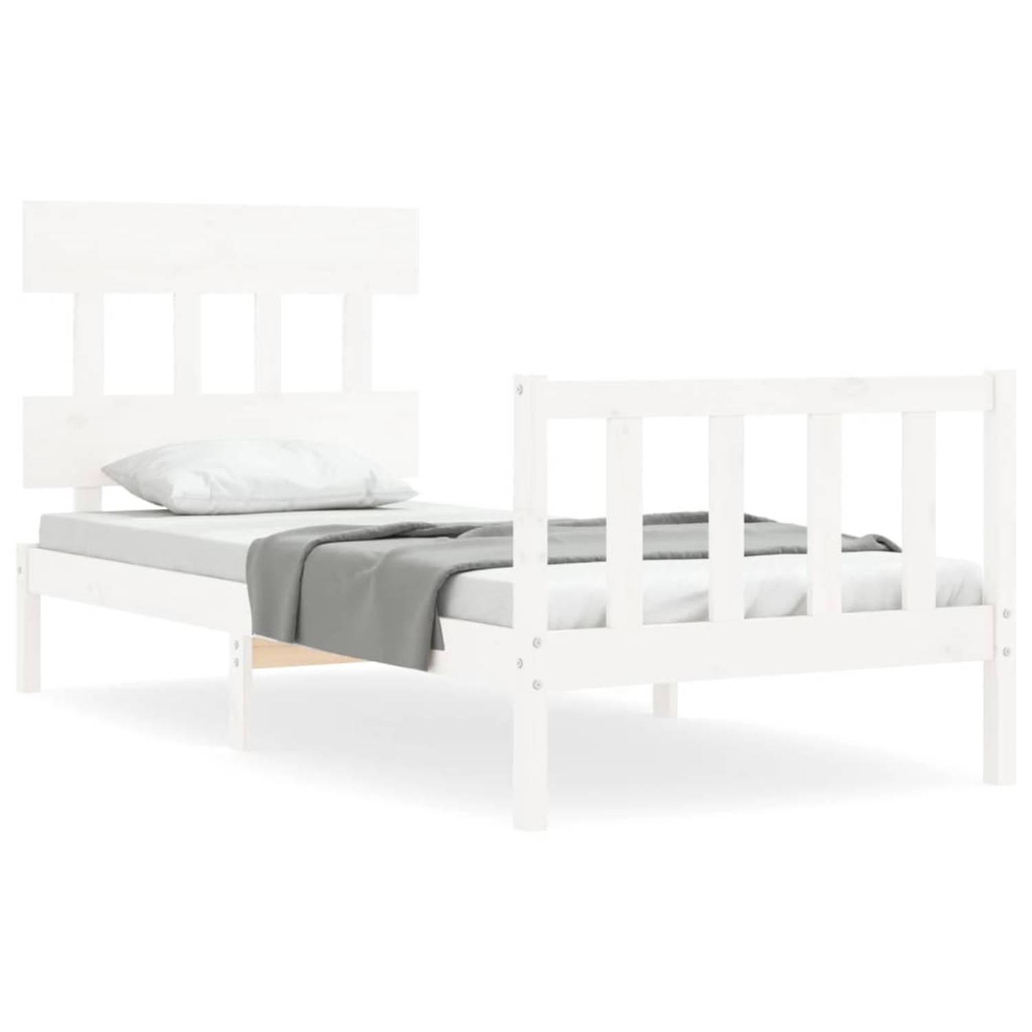 The Living Store Bedframe met hoofdbord massief hout wit 90x200 cm - Bedframe - Bedframes - Bed - Eenpersoonsbed - Slaapkamermeubel - Houten Bedframe - Houten Bed - Bedbodem - Mass