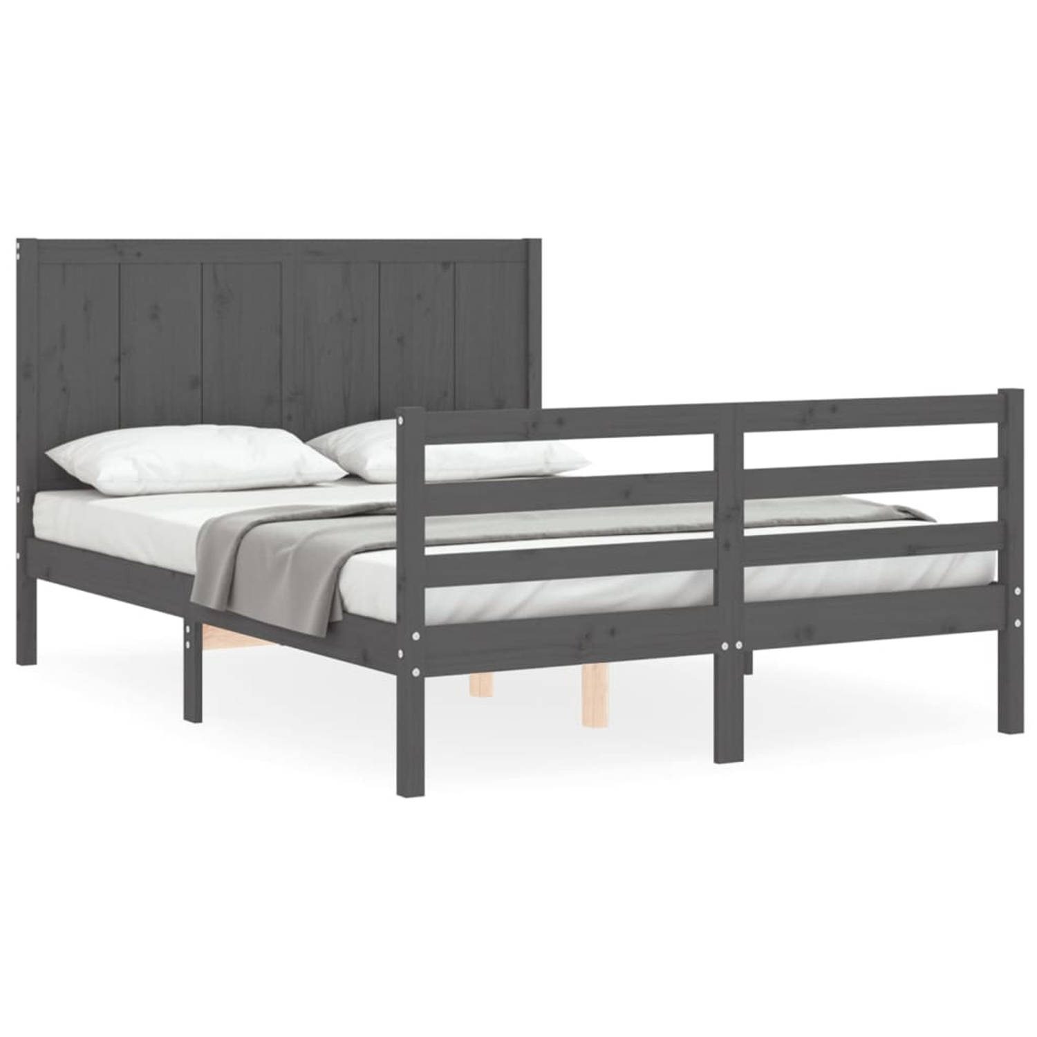 The Living Store Bedframe met hoofdbord massief hout grijs 140x190 cm - Bedframe - Bedframes - Bed - Tweepersoonsbed - Slaapkamermeubel - Houten Bedframe - Houten Bed - Bedbodem -