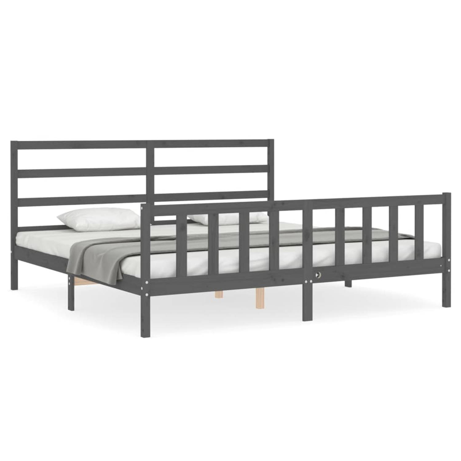 The Living Store Bedframe met hoofdbord massief hout grijs 180x200 cm - Bedframe - Bedframes - Bed - Tweepersoonsbed - Slaapkamermeubel - Houten Bedframe - Houten Bed - Bedbodem -