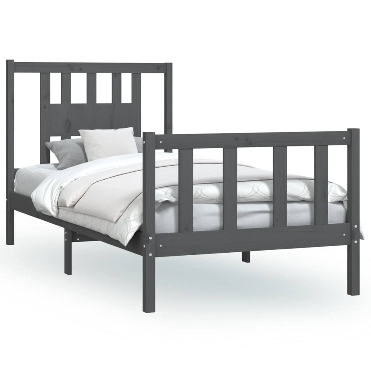 The Living Store Bedframe met hoofdbord massief hout grijs 90x200 cm - Bed