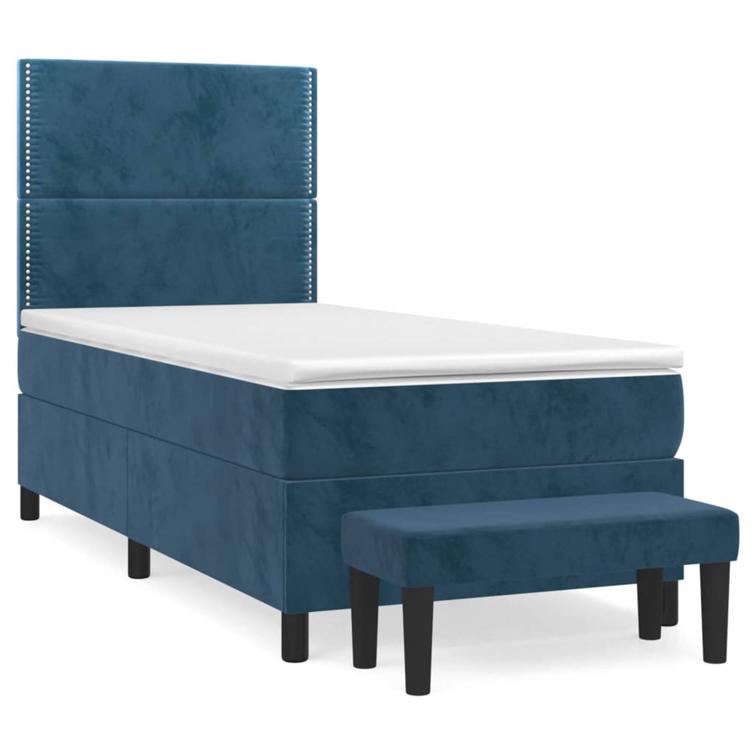 The Living Store Boxspring Bed - donkerblauw - 193 x 90 x 118/128 cm - fluweel - verstelbaar hoofdbord - pocketvering matras - middelharde ondersteuning - huidvriendelijk topmatras