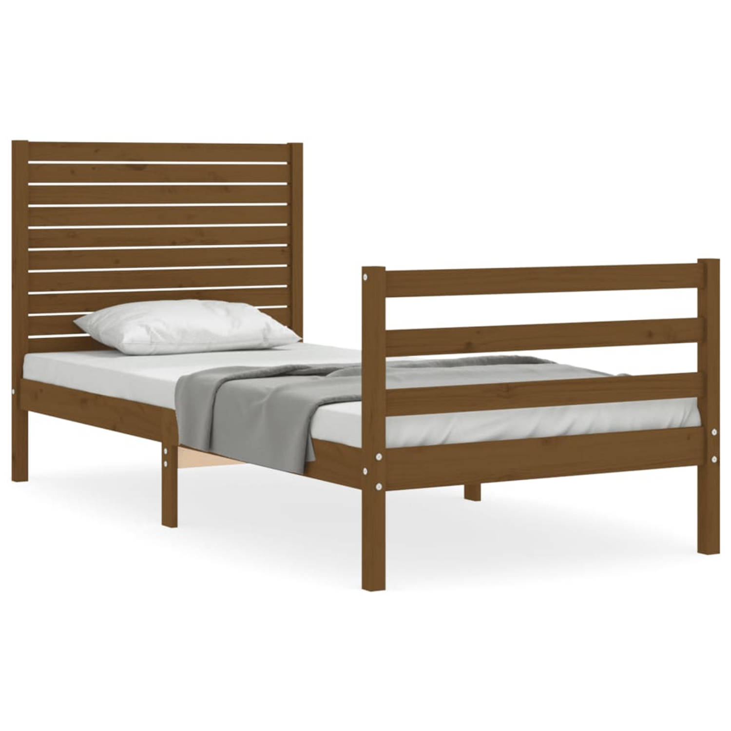 The Living Store Bedframe met hoofdbord massief hout honingbruin 90x200 cm - Bedframe - Bedframes - Bed - Eenpersoonsbed - Slaapkamermeubel - Houten Bedframe - Houten Bed - Bedbode