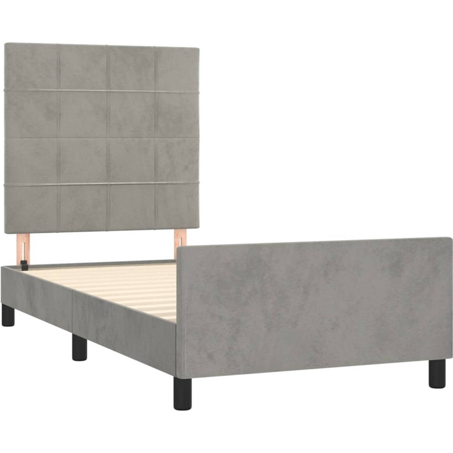 The Living Store Bedframe - fluweel - verstelbare hoogte - ondersteunende poten - multiplex lattenbodem - comfortabele ondersteuning - lichtgrijs - 203 x 83 x 118/128 cm