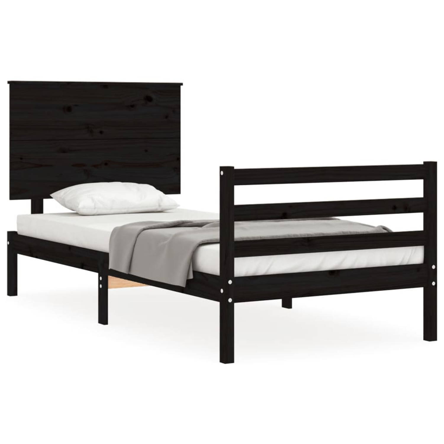 The Living Store Bedframe met hoofdbord massief hout zwart 90x200 cm - Bedframe - Bedframes - Bed - Eenpersoonsbed - Slaapkamermeubel - Houten Bedframe - Houten Bed - Bedbodem - Ma