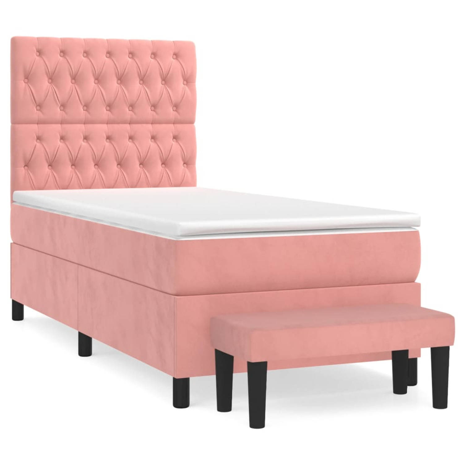 The Living Store Bedbank - Roze Fluwelen boxspringbed - 193 x 90 cm - Hoogte verstelbaar hoofdbord - Pocketvering