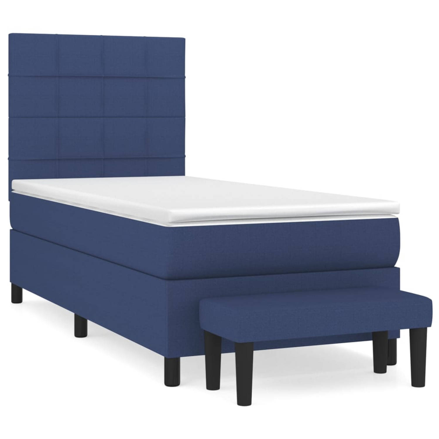 The Living Store Boxspring Bed - Blauw - 203 x 83 x 118/128 cm - Pocketvering Matras - Middelharde Ondersteuning - Huidvriendelijk Topmatras - Multifunctioneel Bankje
