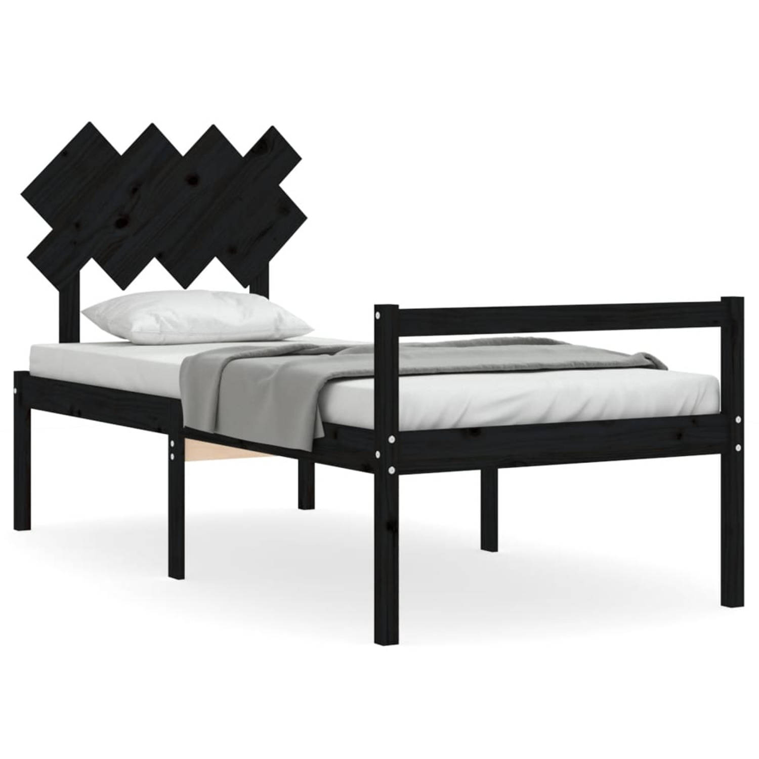 The Living Store Bedframe met hoofdbord massief hout zwart 90x200 cm - Bedframe - Bedframes - Bed - Eenpersoonsbed - Slaapkamermeubel - Houten Bedframe - Houten Bed - Bedbodem - Ma