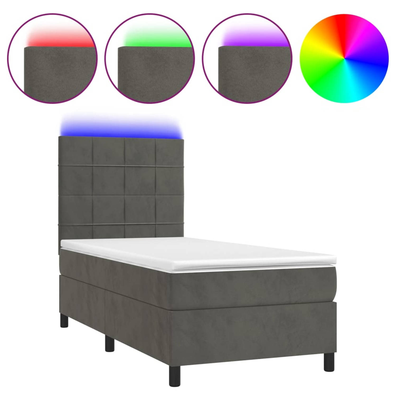 The Living Store Bed Frame - Donkergrijs Fluweel - 203x90x118/128 cm - Verstelbaar hoofdbord - Kleurrijke LED-verlichting - Pocketvering matras - Huidvriendelijk topmatras - Inclus
