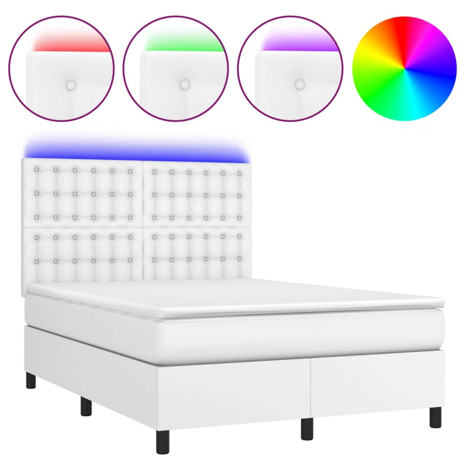 The Living Store Boxspring met matras en LED kunstleer wit 140x200 cm - Bed