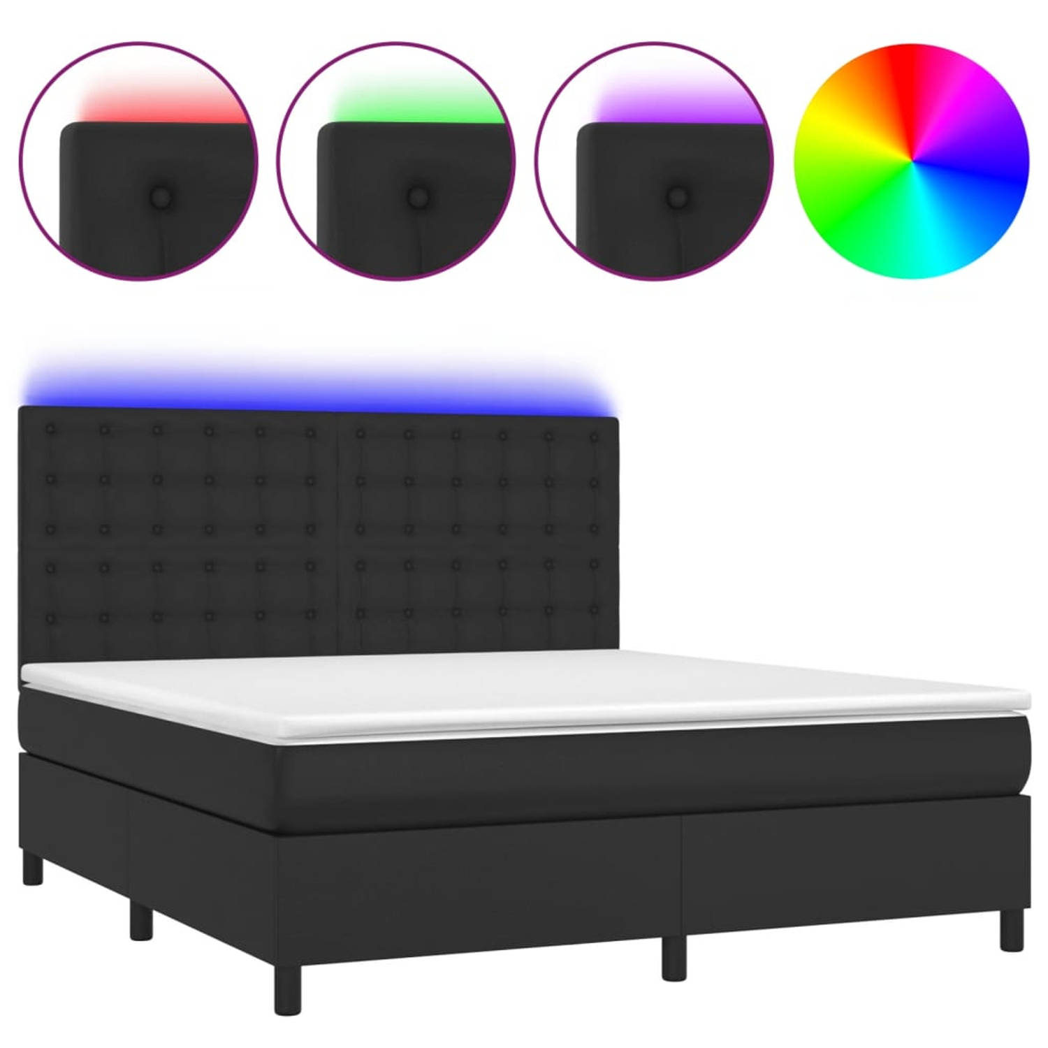 The Living Store Bedframe - Boxspring - Zwart Kunstleer - 203 x 180 x 118/128 cm - Verstelbaar hoofdbord - LED-verlichting - Pocketvering matras - Huidvriendelijk topmatras