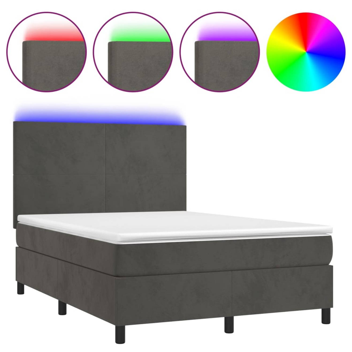 The Living Store Boxspring Bed - Donkergrijs Fluwelen Slaapkamermeubel - 203 x 144 x 118/128 cm - Verstelbaar Hoofdbord - LED-Verlichting - Pocketvering Matras - Huidvriendelijk To