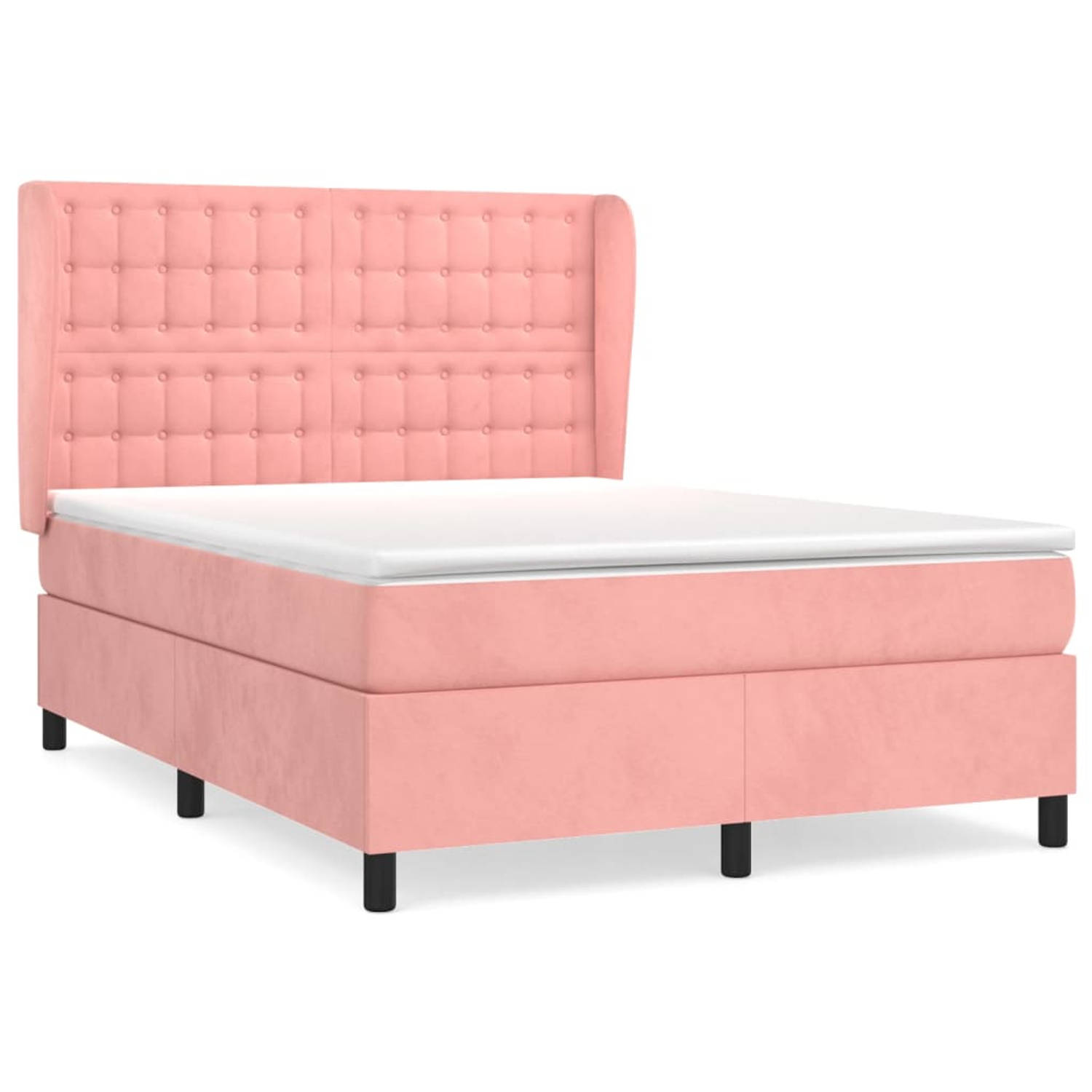 The Living Store Boxspringbed - fluweel - roze - 140 x 200 - pocketvering
