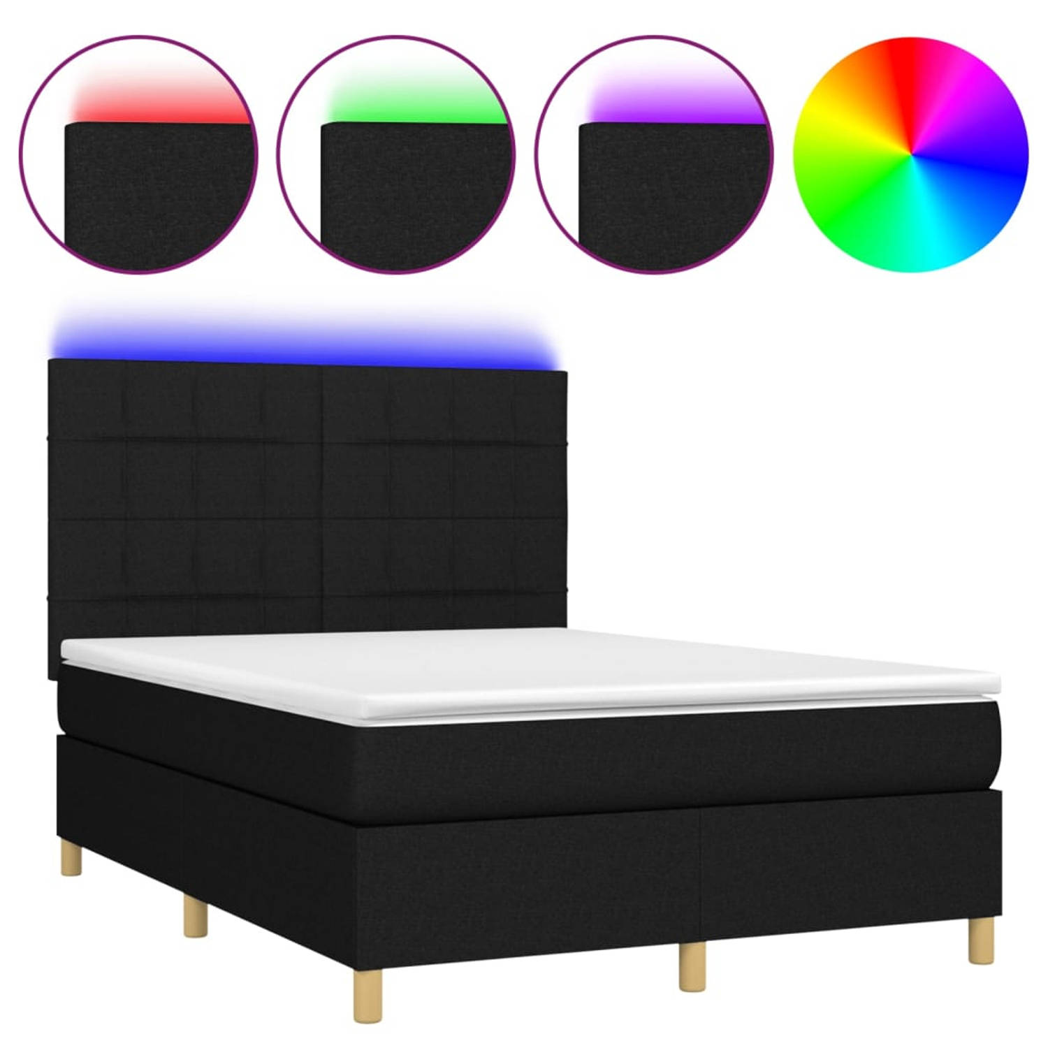 The Living Store Boxspring LED - Zwart - 203 x 144 x 118/128 cm - Duurzaam - Verstelbaar hoofdbord - Kleurrijke LED-verlichting - Pocketvering matras - Huidvriendelijk topmatras -