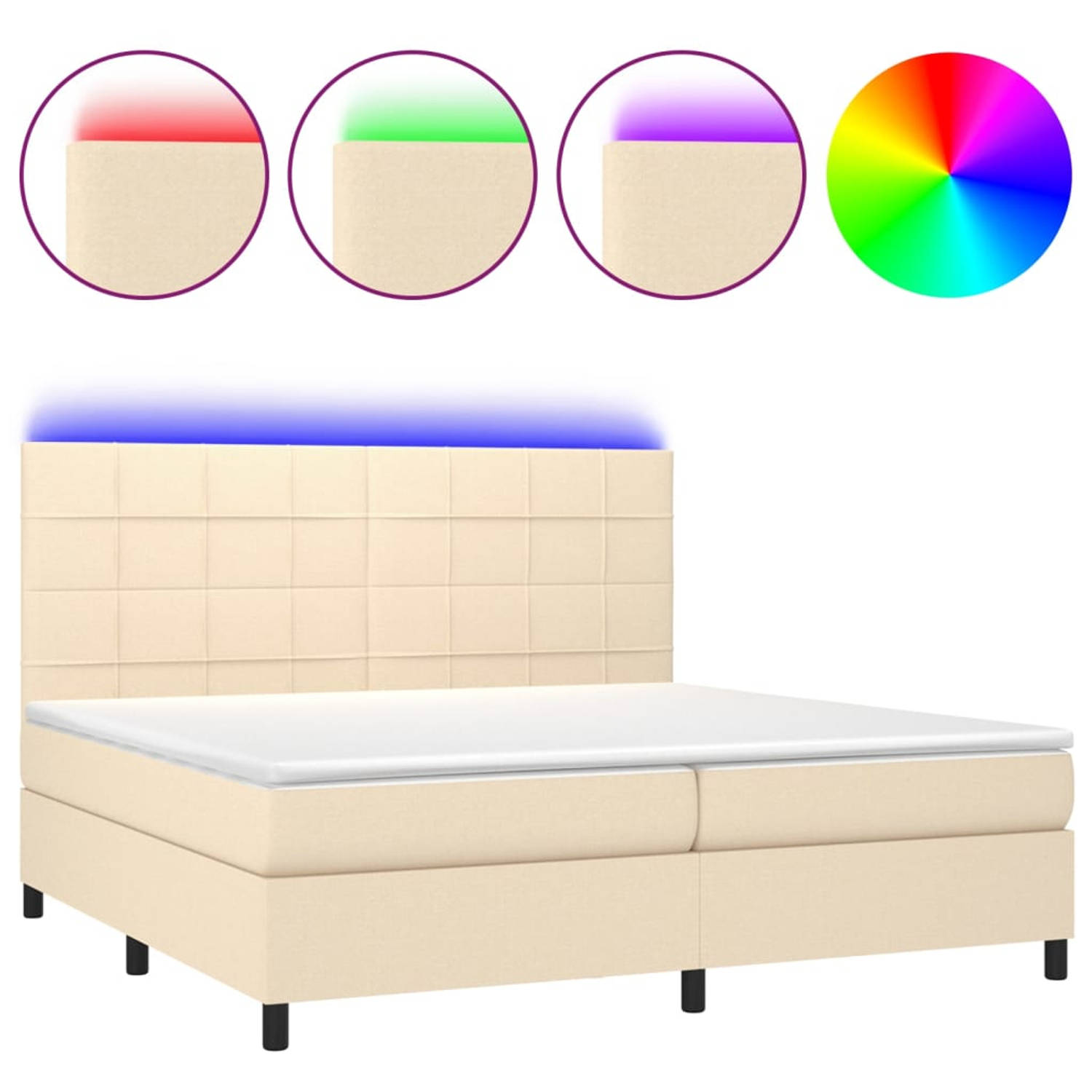 The Living Store Boxspring Bed - Crème - 203 x 200 x 118/128 cm - Verstelbaar hoofdbord - Kleurrijke LED-verlichting - Pocketvering matras - Huidvriendelijk topmatras - Inclusief 2