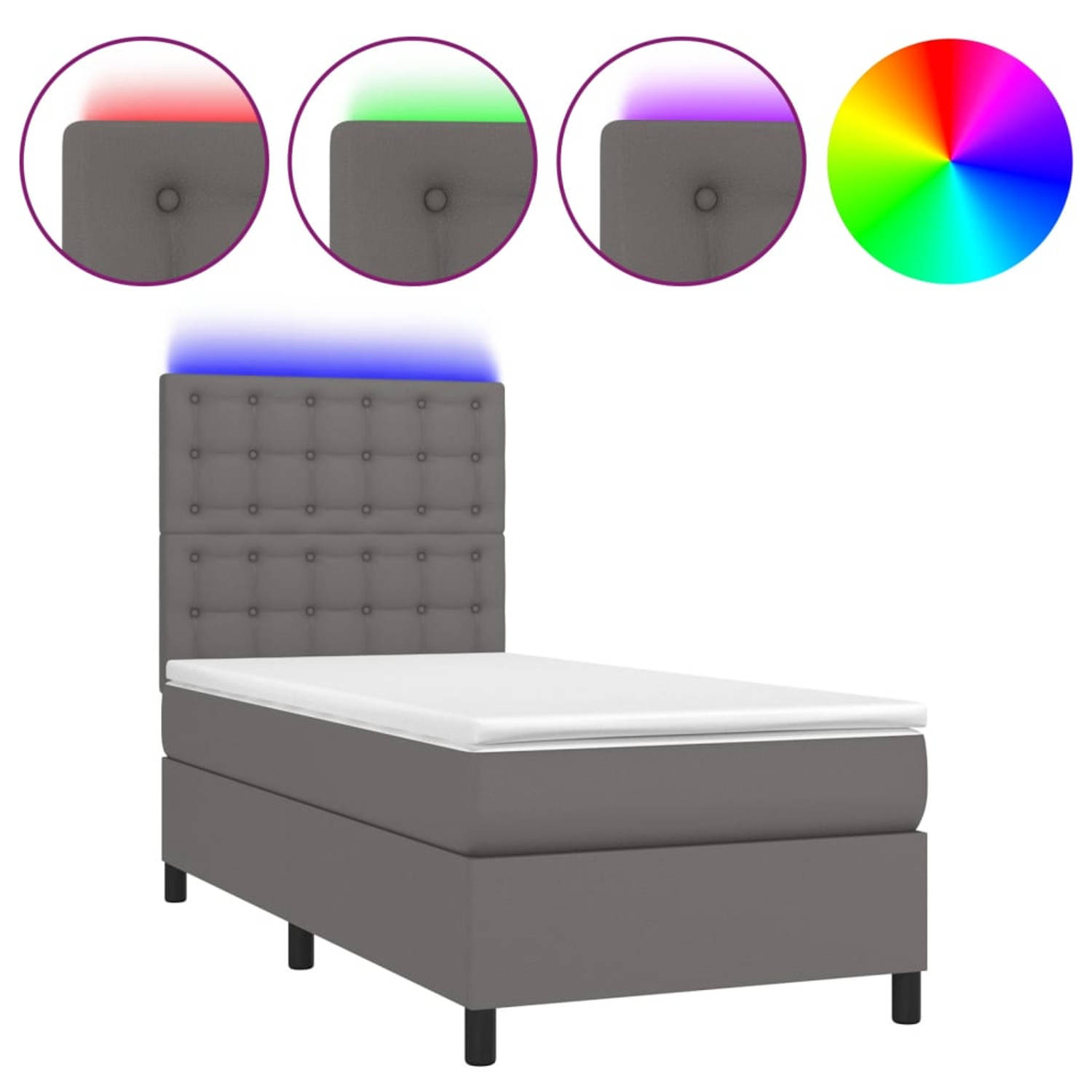The Living Store Boxspring Bed - LED Verlichting - Kunstleer - Verstelbaar Hoofdbord - Pocketvering Matras - Huidvriendelijk Topmatras - Grijs - 203 x 90 cm