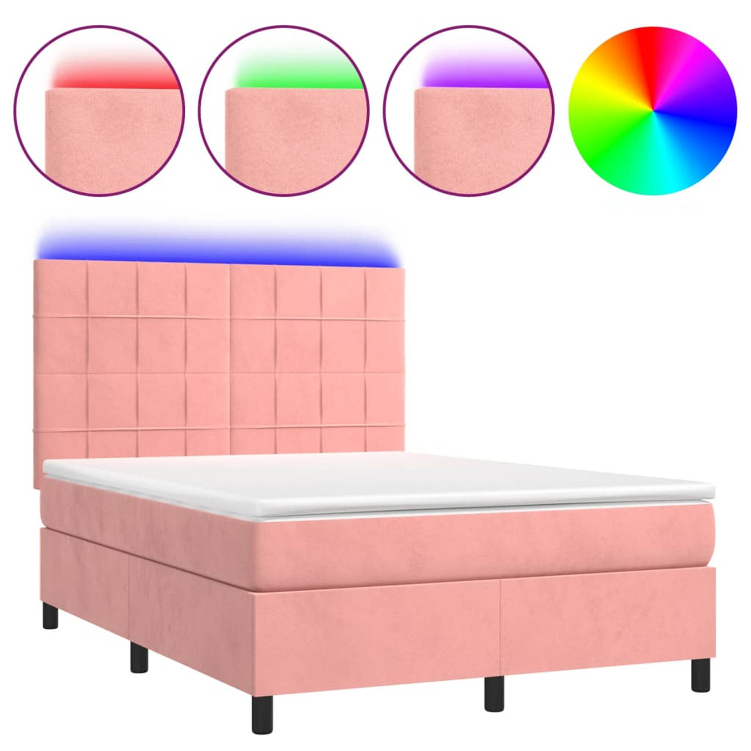 The Living Store Boxspring - Bed - 193x144x118/128cm - Roze Fluweel - Verstelbaar hoofdbord - LED-verlichting - Pocketvering matras - Huidvriendelijk topmatras