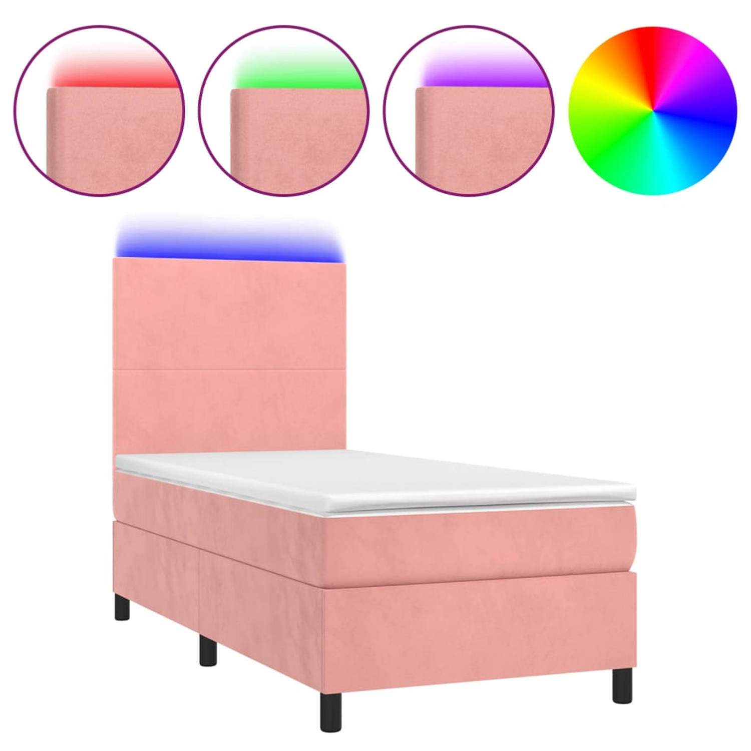 The Living Store Bed Rose Velvet 203x90x118/128cm - Pocketvering matras 90x200x20cm - Bedtopmatras 90x200x5cm - Kleurrijke LED