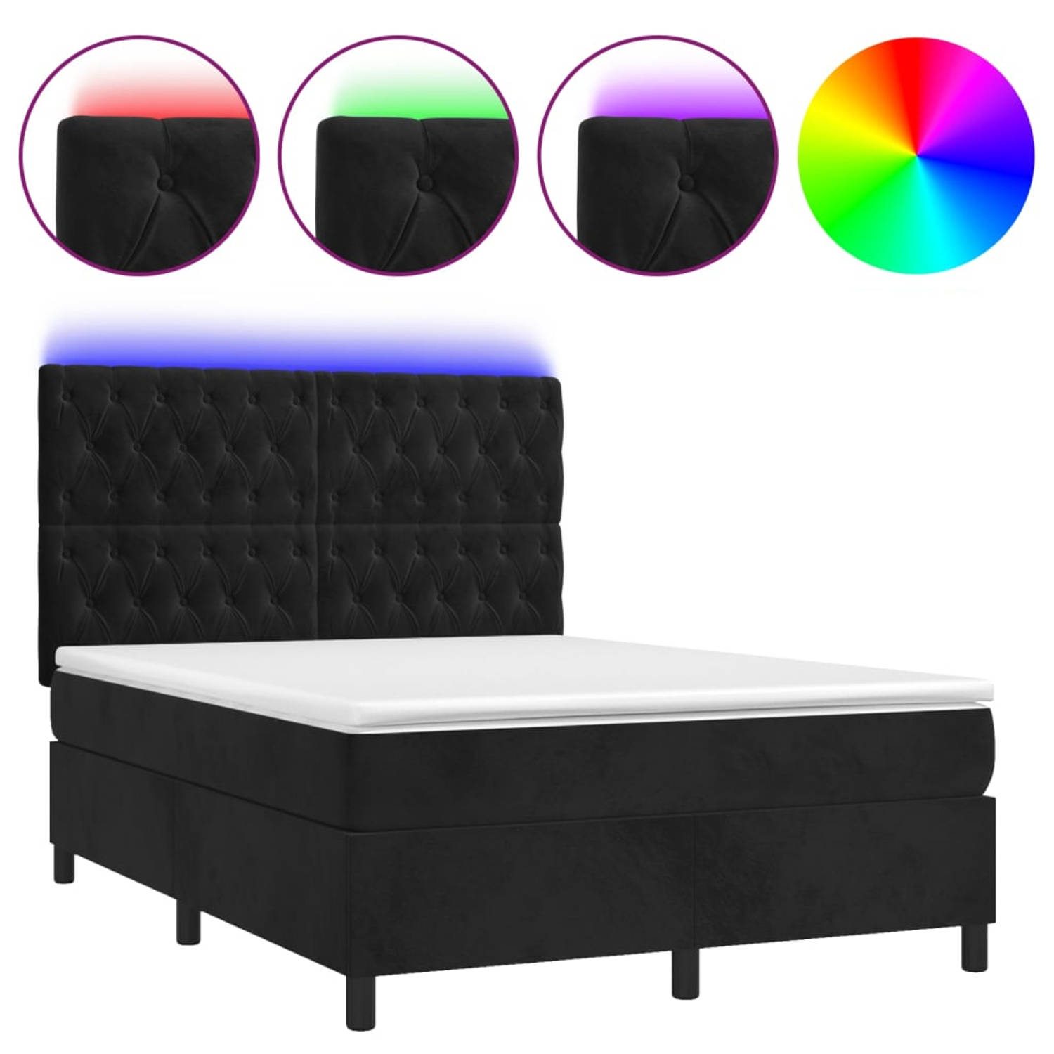 The Living Store Bed Lucca - Boxspring zwart fluweel 193x144cm - verstelbaar hoofdbord - LED-verlichting - pocketvering matras - huidvriendelijk topmatras