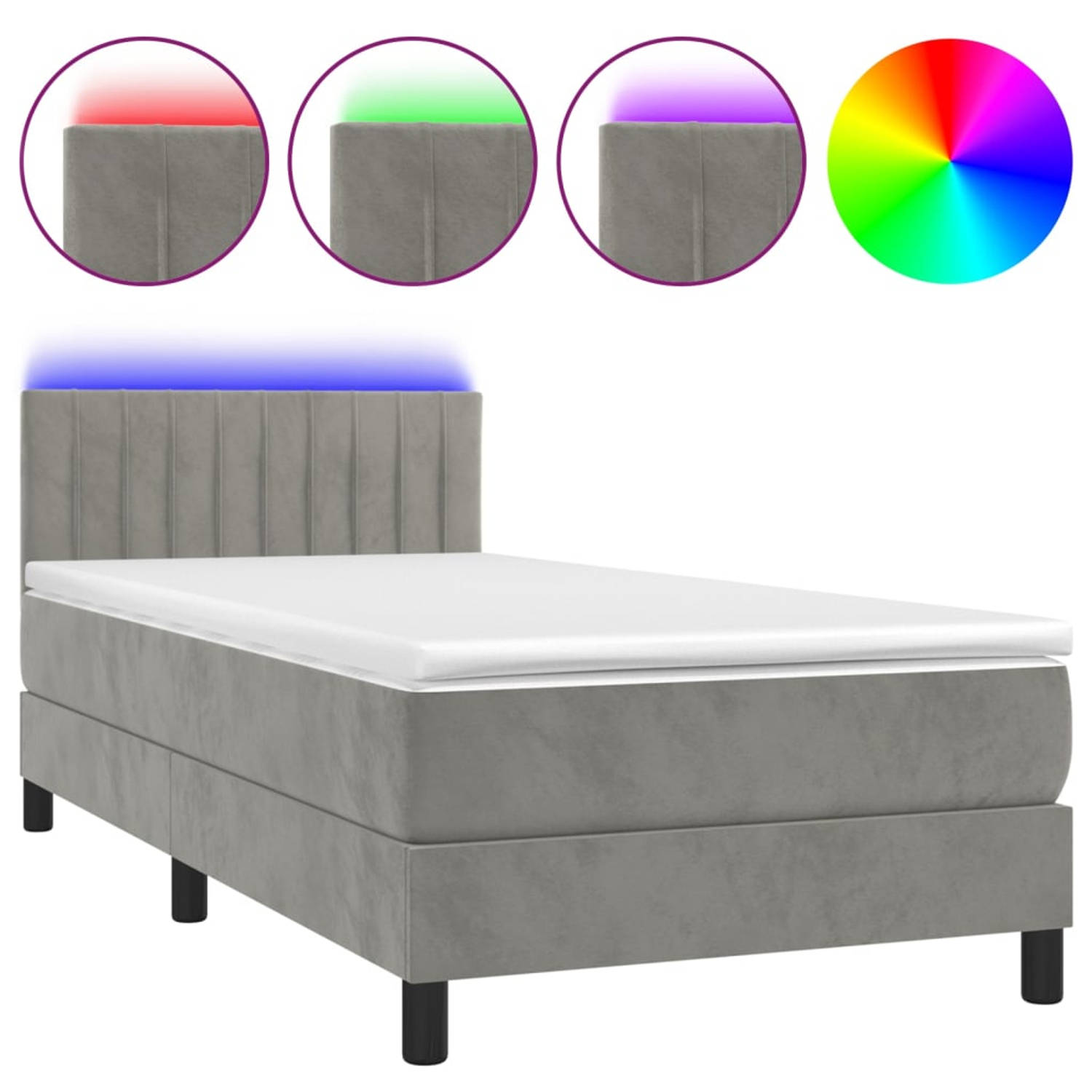 The Living Store Boxspring Bed - Lichtgrijs Fluweel - 203x90x78/88cm - Verstelbaar hoofdbord - Kleurrijke LED-verlichting - Pocketvering matras - Huidvriendelijk topmatras - Inclus