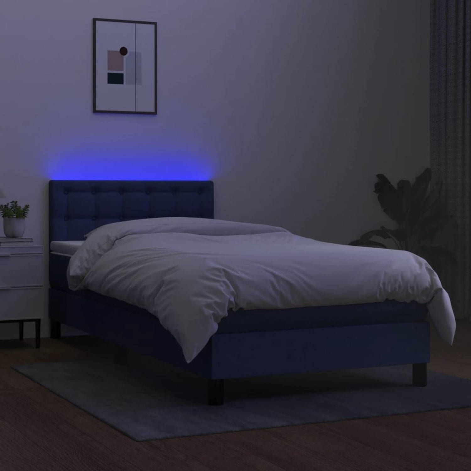 The Living Store Boxspring - LED - 203 x 80 x 78/88 cm - Blauw stof - Hoofdbord verstelbaar - Pocketvering matras - Huidvriendelijk topmatras
