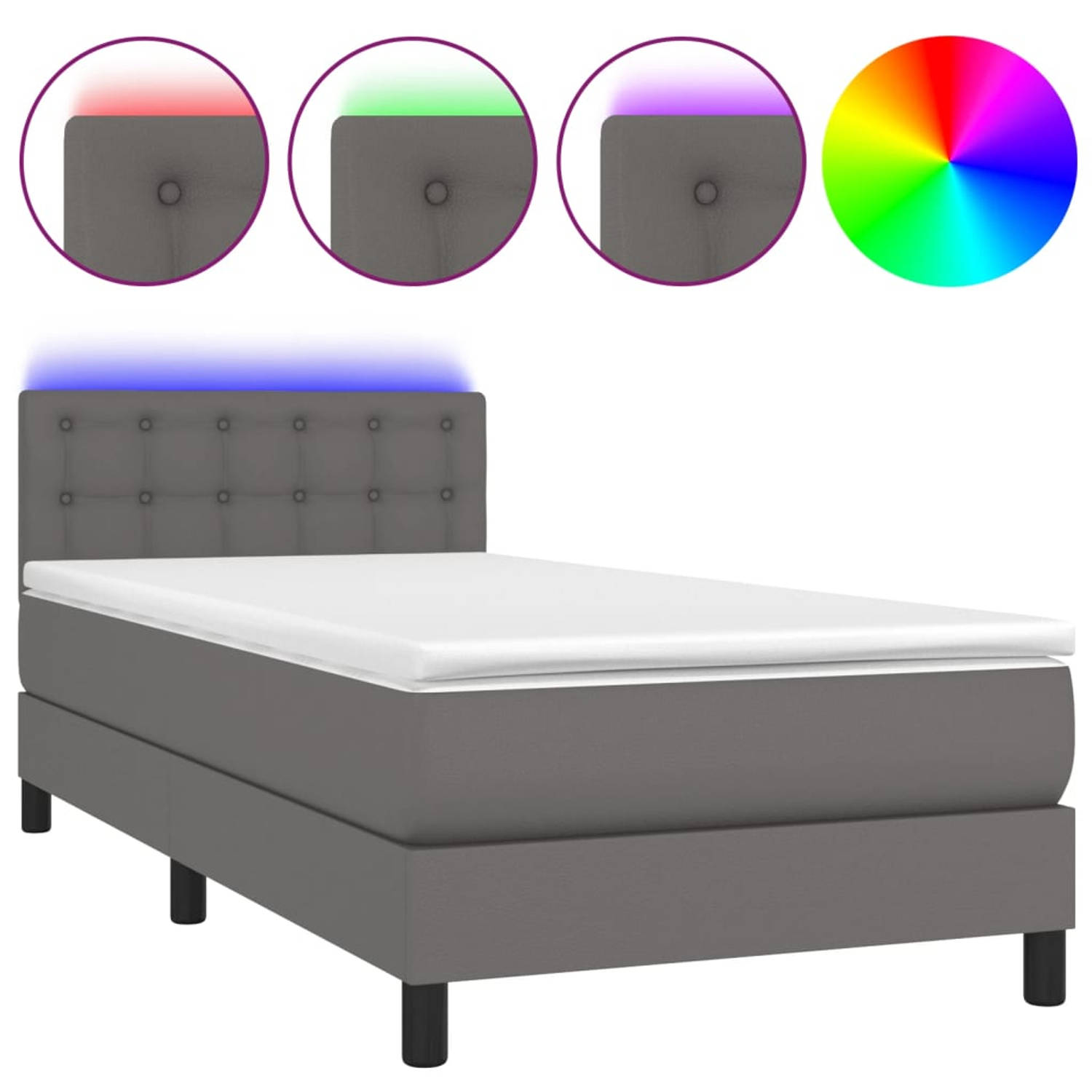 The Living Store Boxspring met matras en LED kunstleer grijs 90x200 cm - Bed