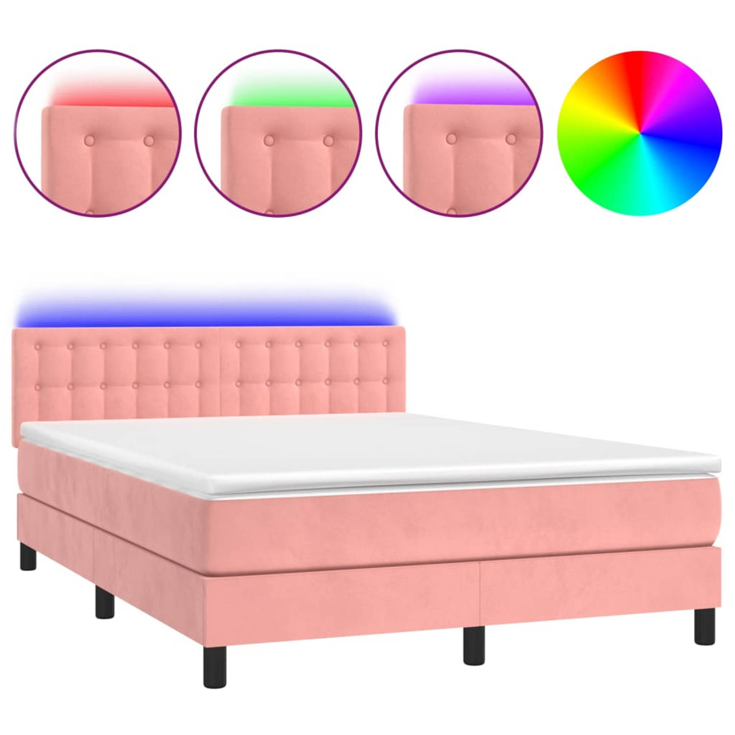 The Living Store Boxspring - Bedframe met verstelbaar hoofdbord - 193 x 144 cm - Zacht fluweel roze - Pocketvering matras - Huidvriendelijk topmatras - Kleurrijke LED-verlichting