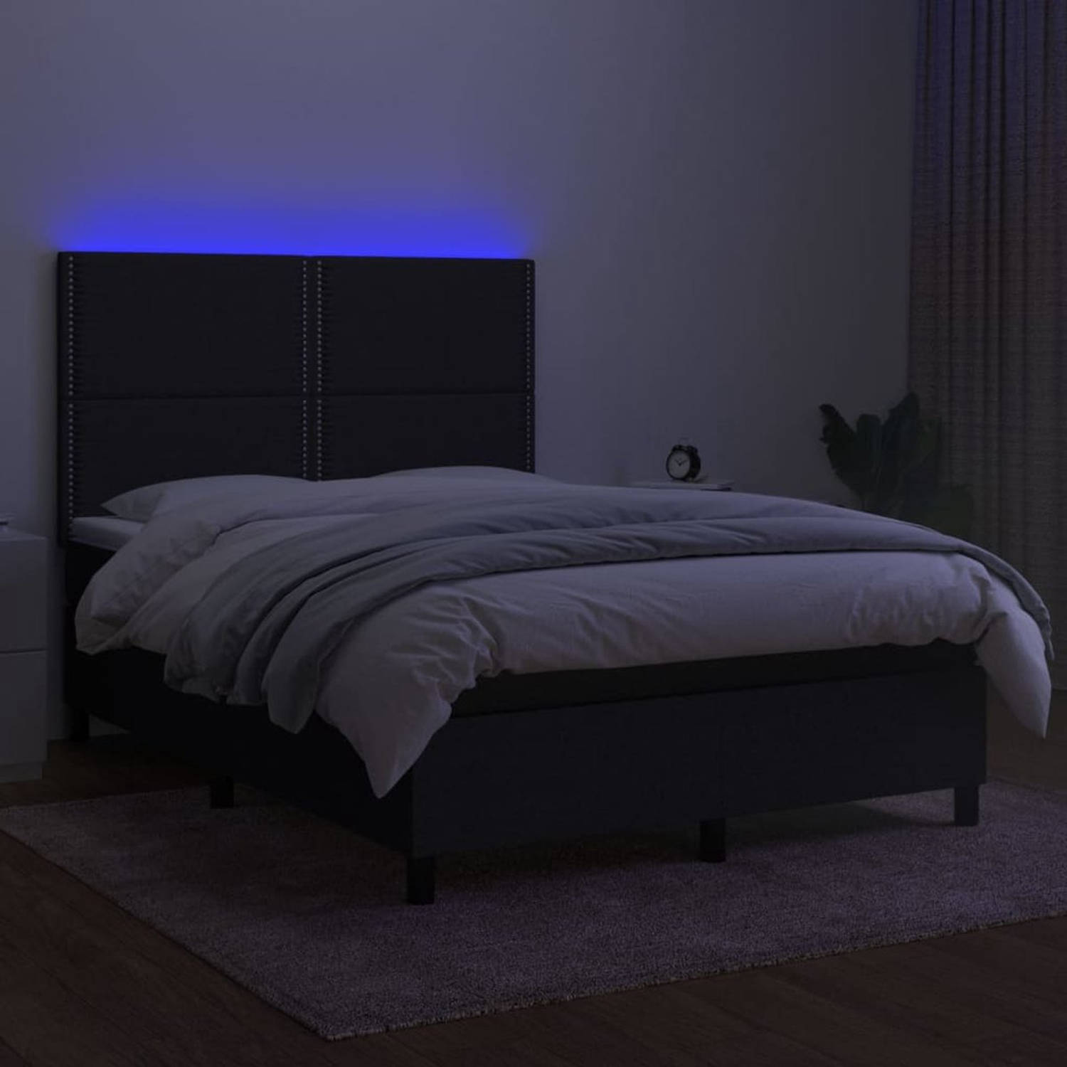 The Living Store Boxspring LED - 140 x 190 cm - Zwarte stof - Verstelbaar hoofdbord - Pocketvering matras - Huidvriendelijk topmatras - Met kleurrijke LED-verlichting