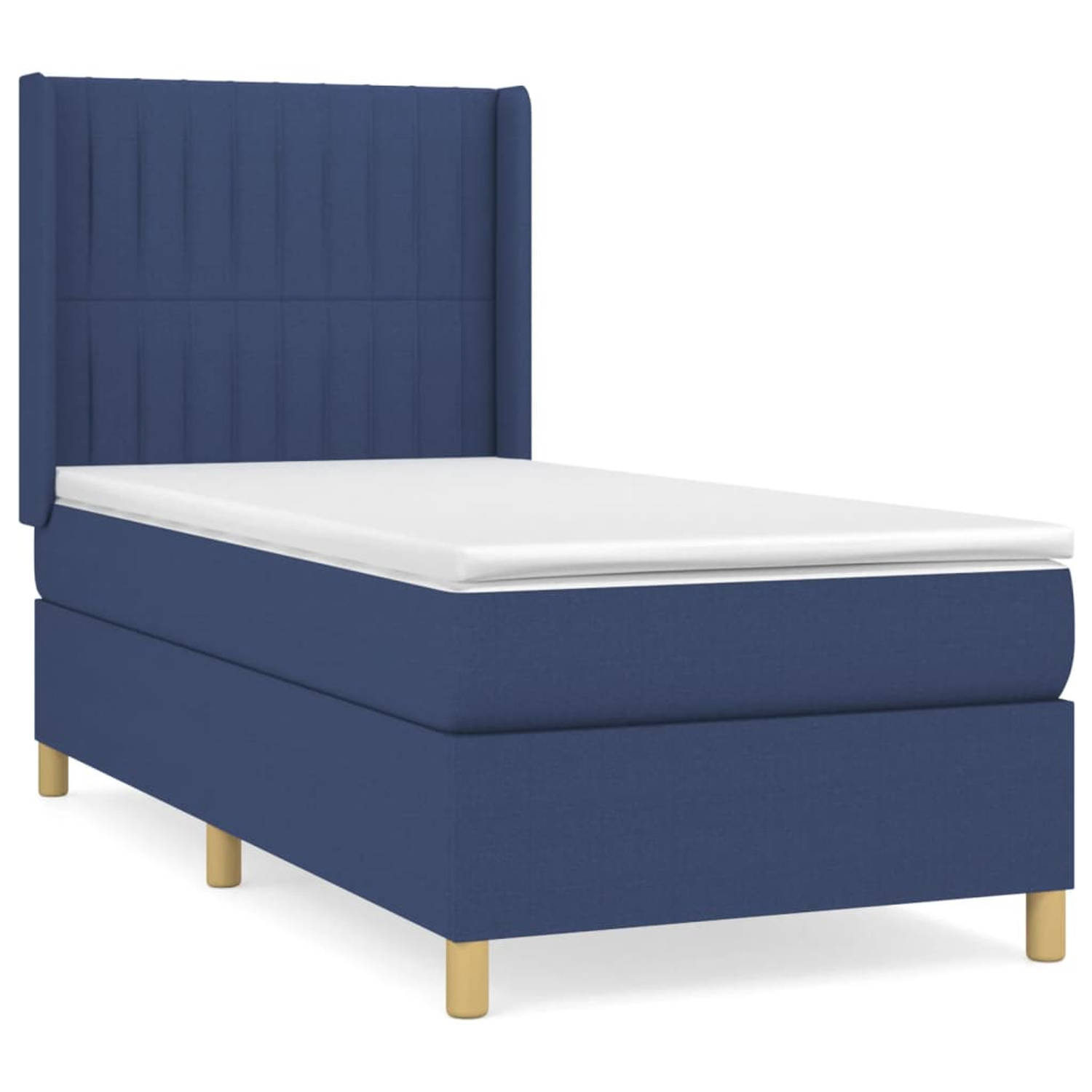 The Living Store Bed Boxspring - Blauw - 203 x 93 x 118/128 cm - Duurzaam - Verstelbaar hoofdbord - Pocketvering matras - Middelharde ondersteuning - Huidvriendelijk topmatras