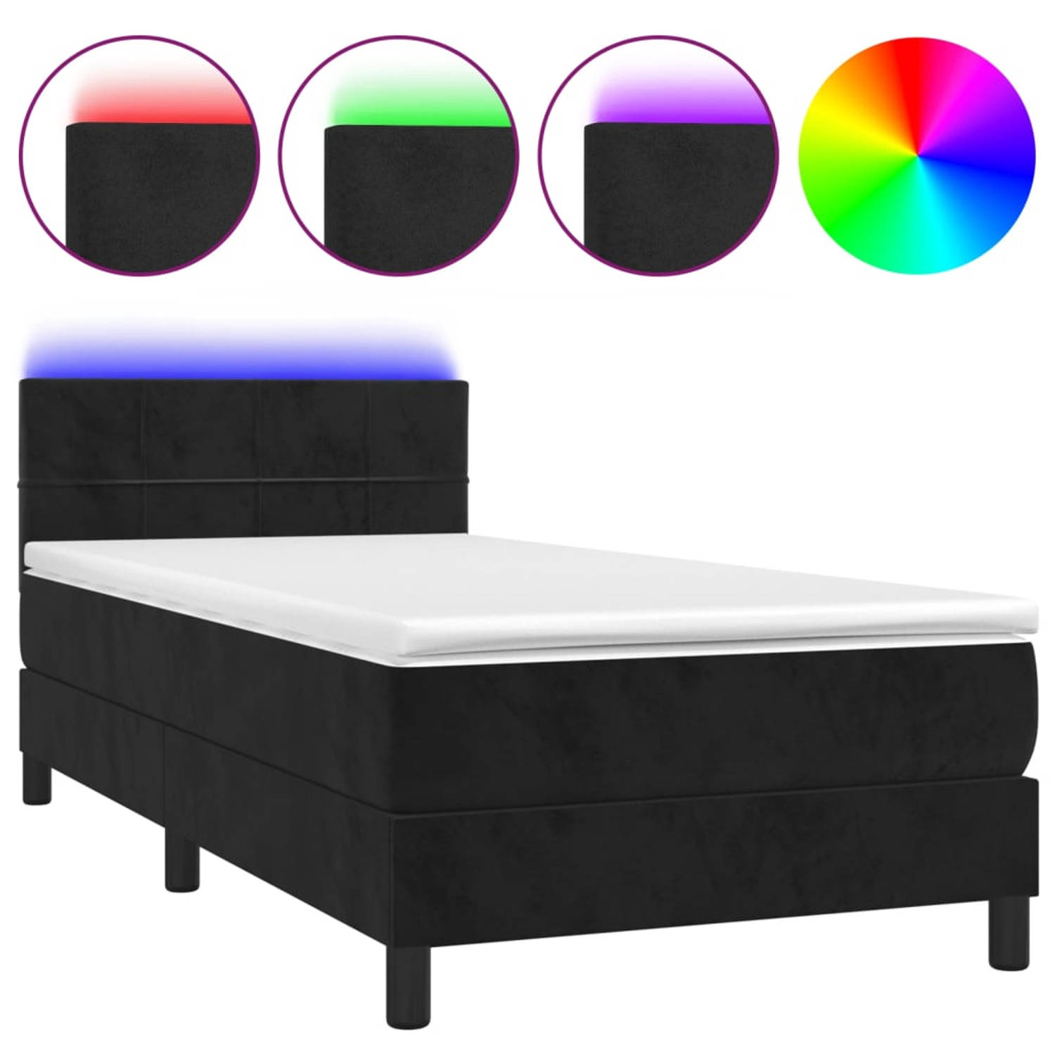 The Living Store Boxspring - zwart fluweel - 203 x 80 x 78/88 cm - verstelbaar hoofdbord - kleurrijke LED-verlichting - pocketvering matras - huidvriendelijk topmatras