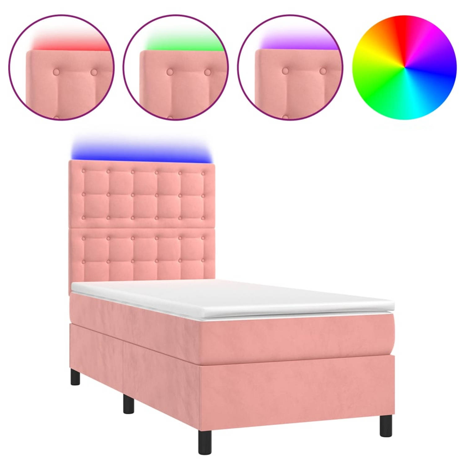 The Living Store Boxspring Roze Fluweel 90x190 - Verstelbaar hoofdbord - Kleurrijke LED-verlichting - Pocketvering matras - Huidvriendelijk topmatras
