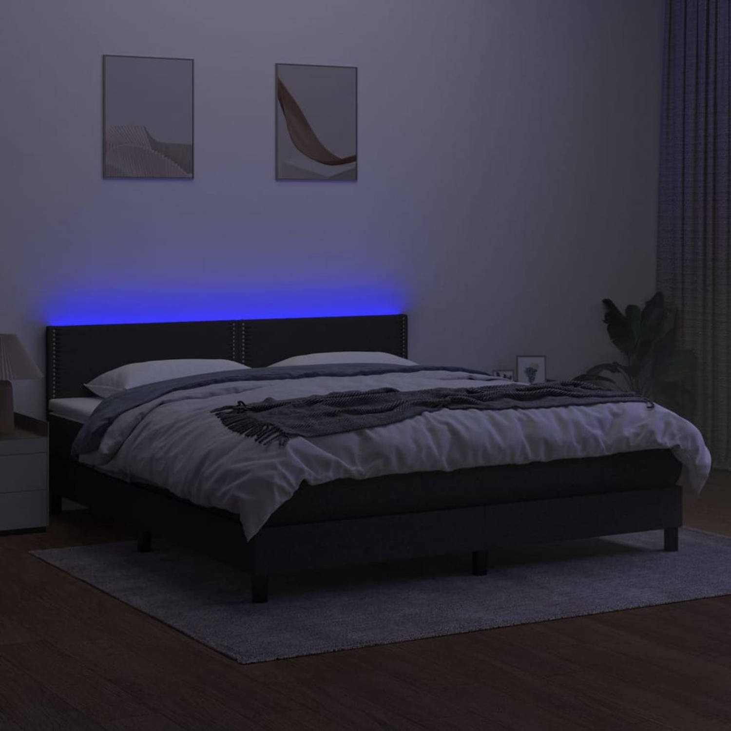 The Living Store Boxspring Zwarte Stof - 180x200 cm - Verstelbaar hoofdbord - Kleurrijke LED-verlichting - Pocketvering matras - Huidvriendelijk topmatras