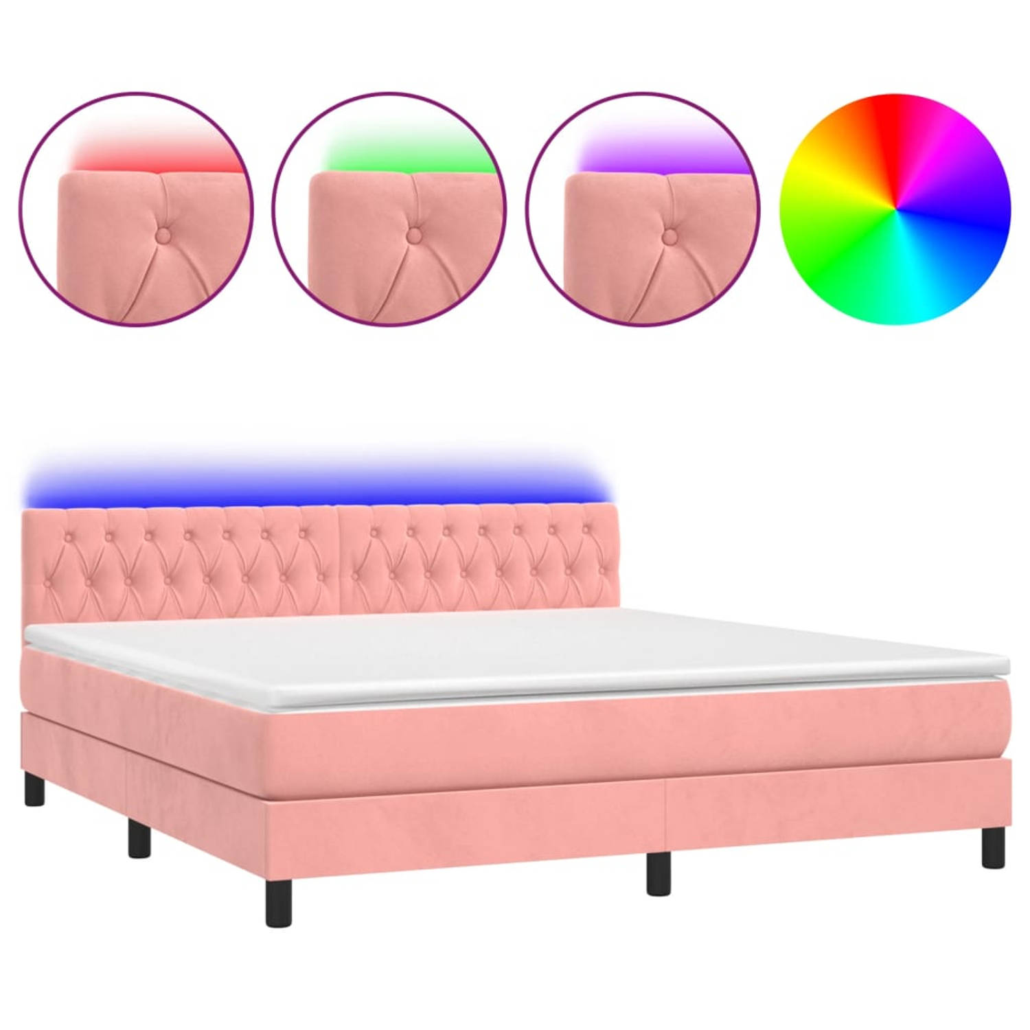 The Living Store Bed Roze Fluweel 203x180x78/88 cm - Pocketvering Matras - Huidvriendelijk Topmatras - Kleurrijke LED-verlichting