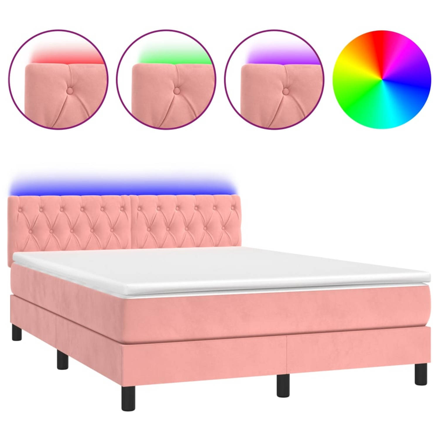 The Living Store Boxspring met matras en LED fluweel roze 140x200 cm - Bed