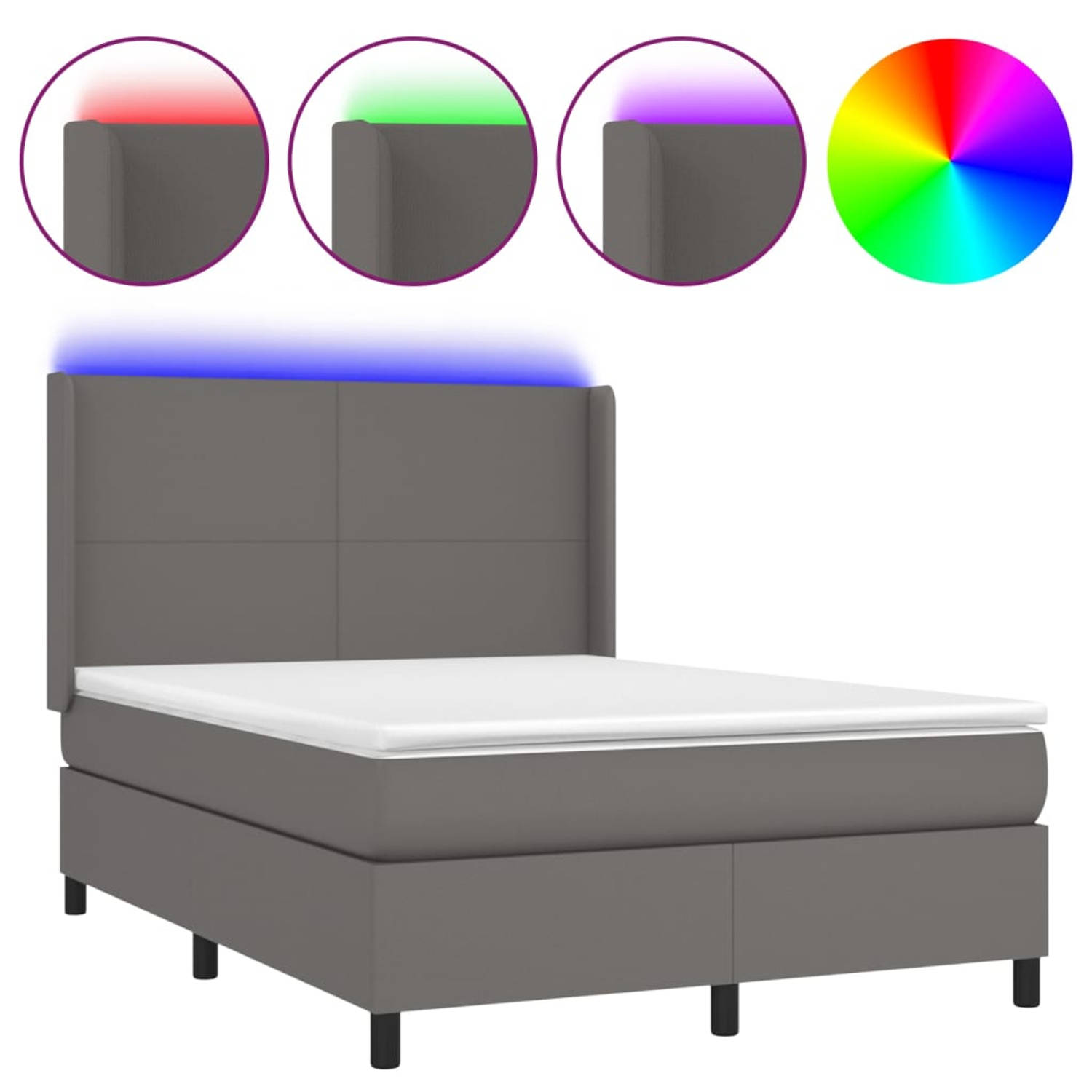The Living Store Boxspring met matras en LED kunstleer grijs 140x190 cm - Bed