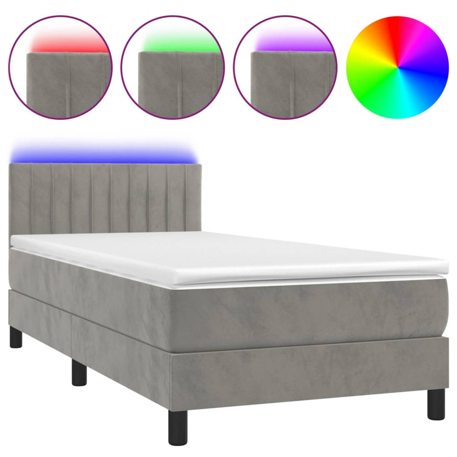 The Living Store Boxspring met matras en LED fluweel lichtgrijs 90x190 cm - Bed