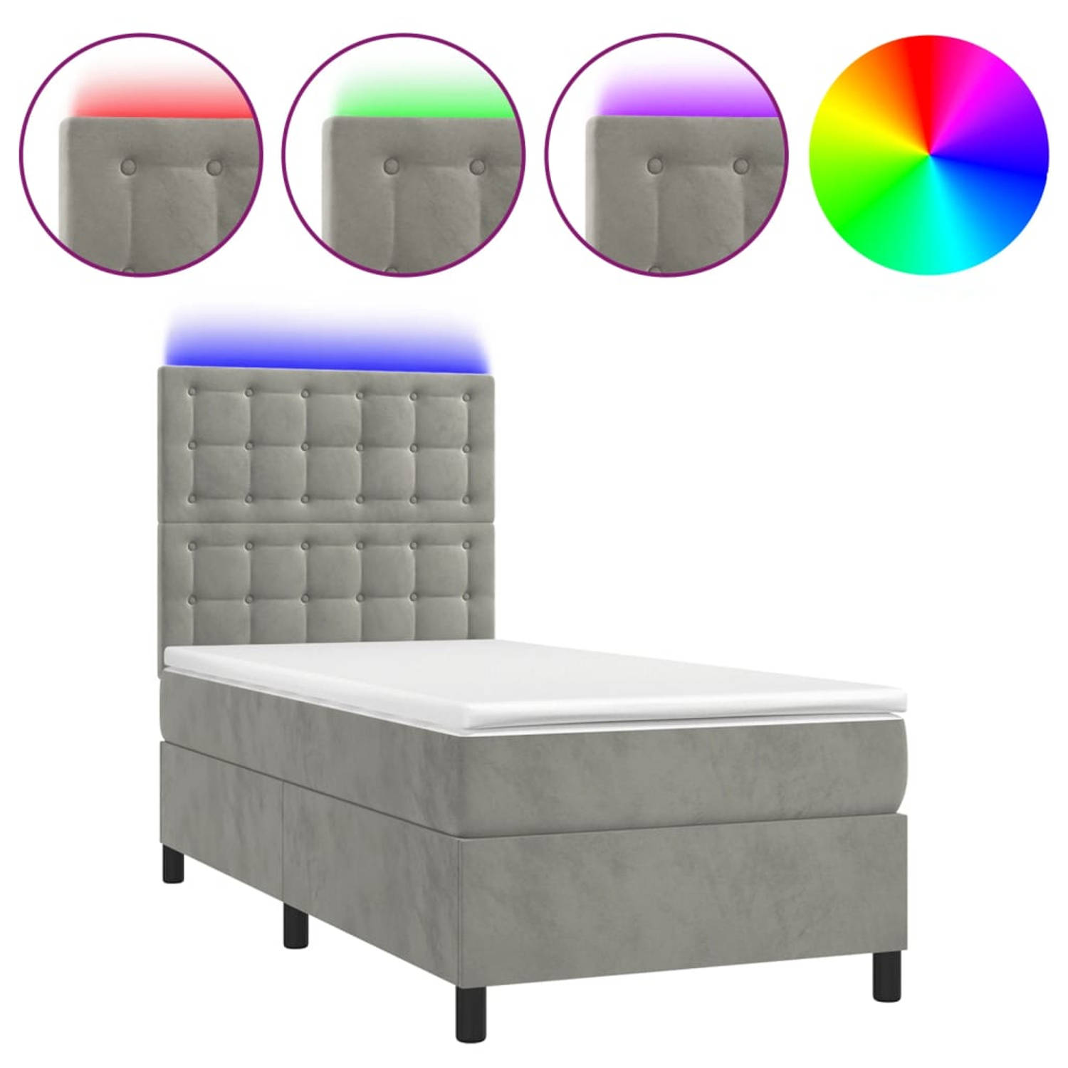 The Living Store Boxspring Bed - lichtgrijs fluweel - 203x90x118/128 cm - verstelbaar hoofdbord - kleurrijke LED-verlichting - pocketvering matras - huidvriendelijk topmatras - inc