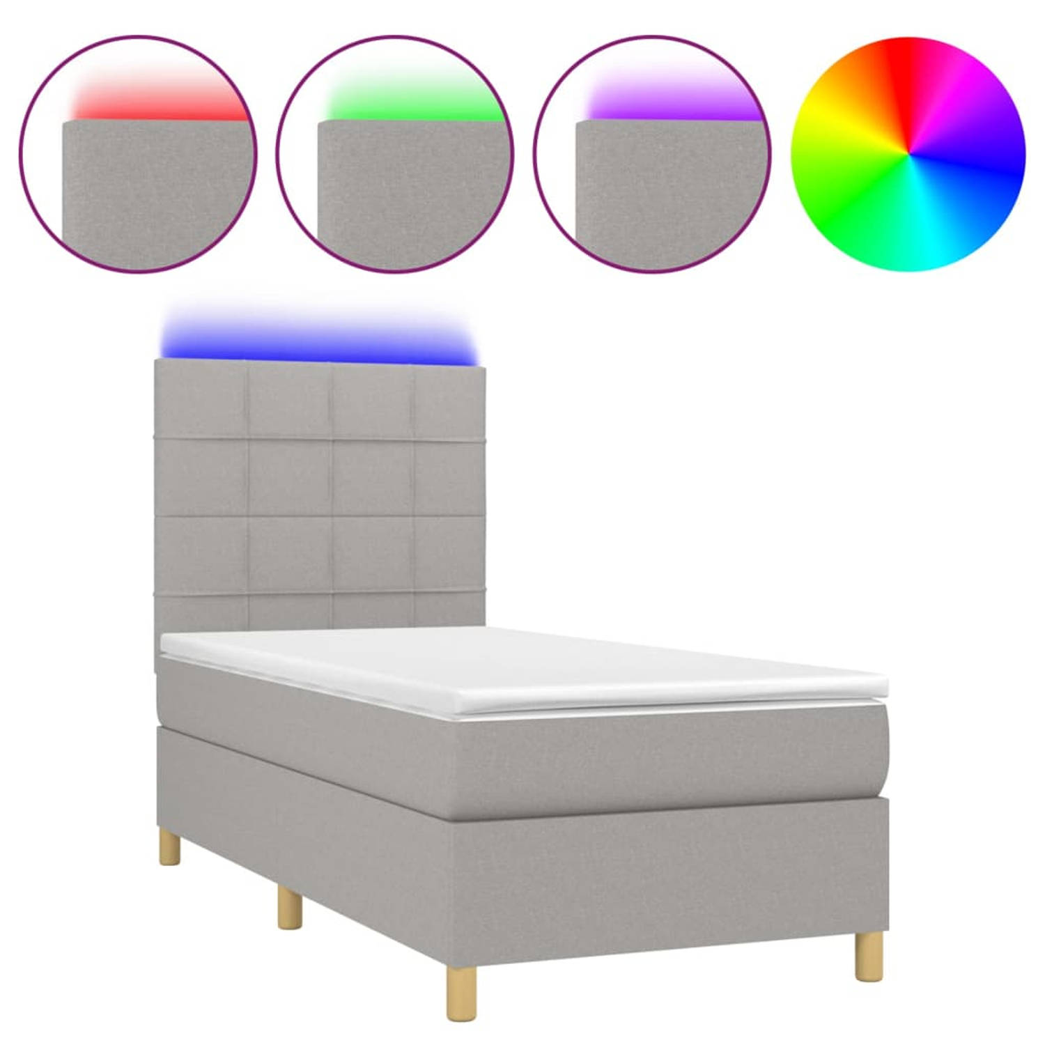 The Living Store Boxspring - Comfort - Bedframe met Matras en LED - 203x100x118/128 cm - Lichtgrijs - Ademende stof -