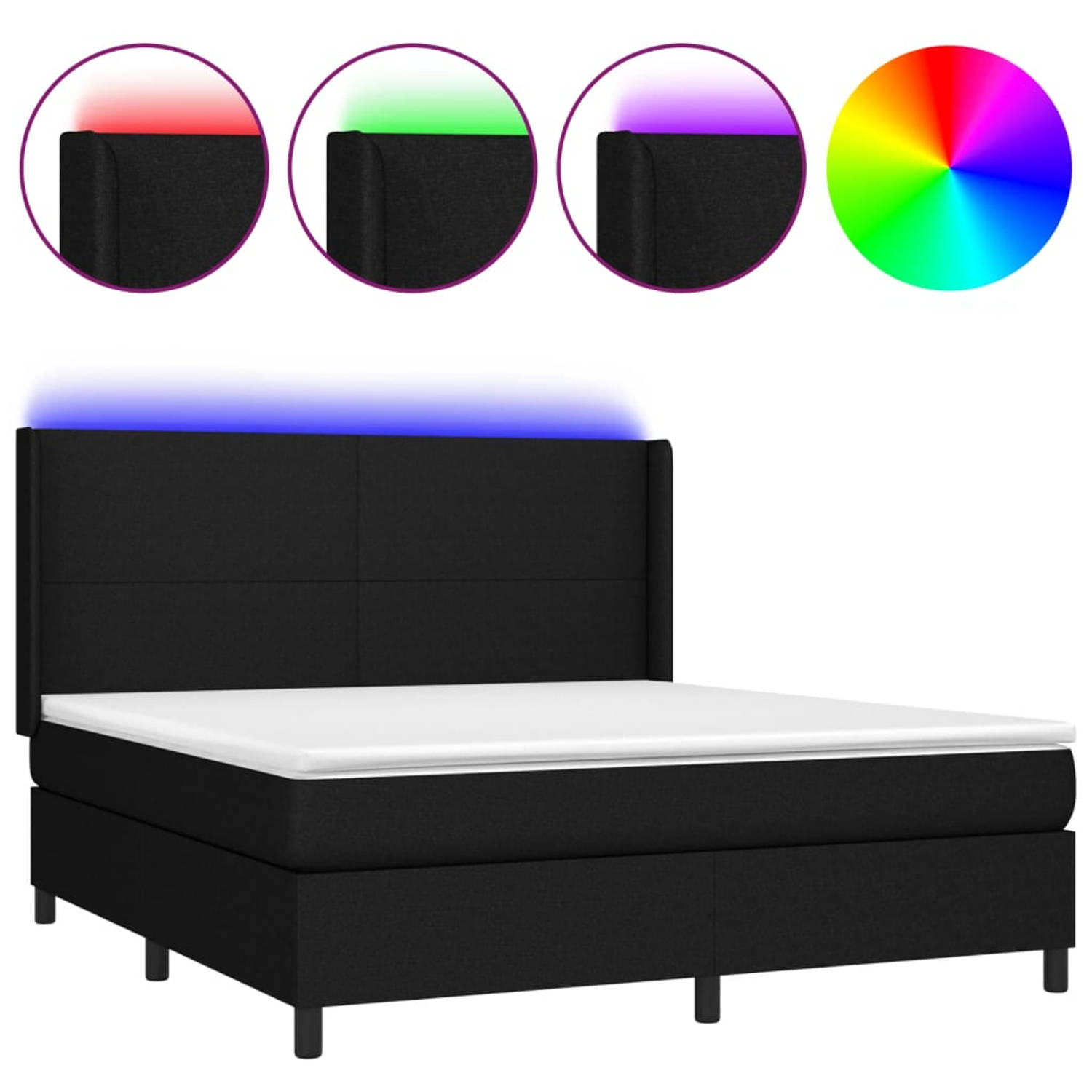 The Living Store Boxspring Bed - LED Verlichting - Pocketvering Matras - Huidvriendelijk Topmatras - Zwart - 203 x 163 x 118/128 cm