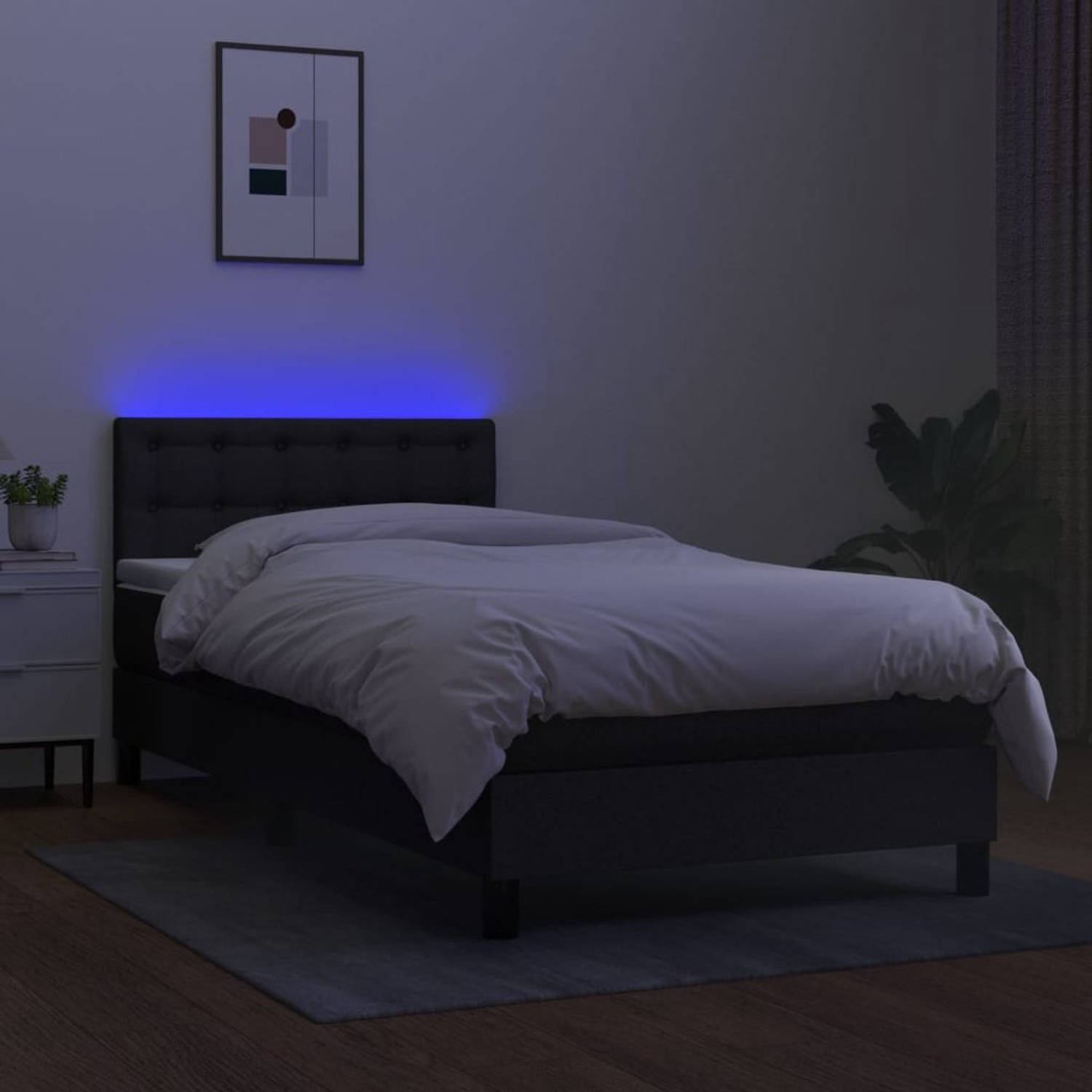 The Living Store Boxspring Bed - LED - 203x80x78/88 cm - Zwart - Stof (100% polyester) - Pocketvering matras - Wit/Zwart - 80x200x20 cm - Schuimvulling - Wit - 80x200x5 cm - Met LE