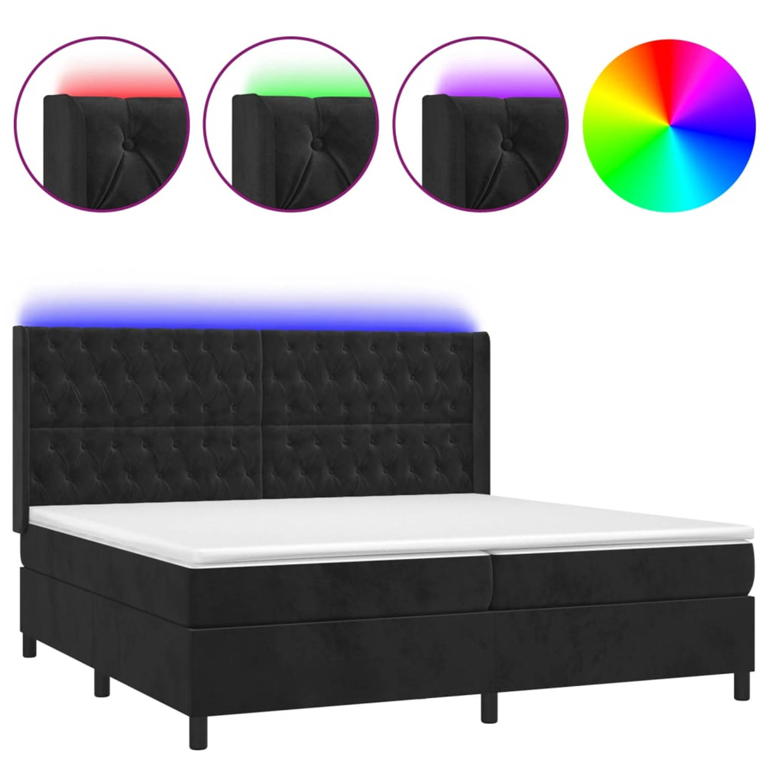 The Living Store Boxspring - Zacht fluweel - Praktisch hoofdbord - Kleurrijke LED-verlichting - Pocketvering matras - Huidvriendelijk topmatras - Compleet bed
