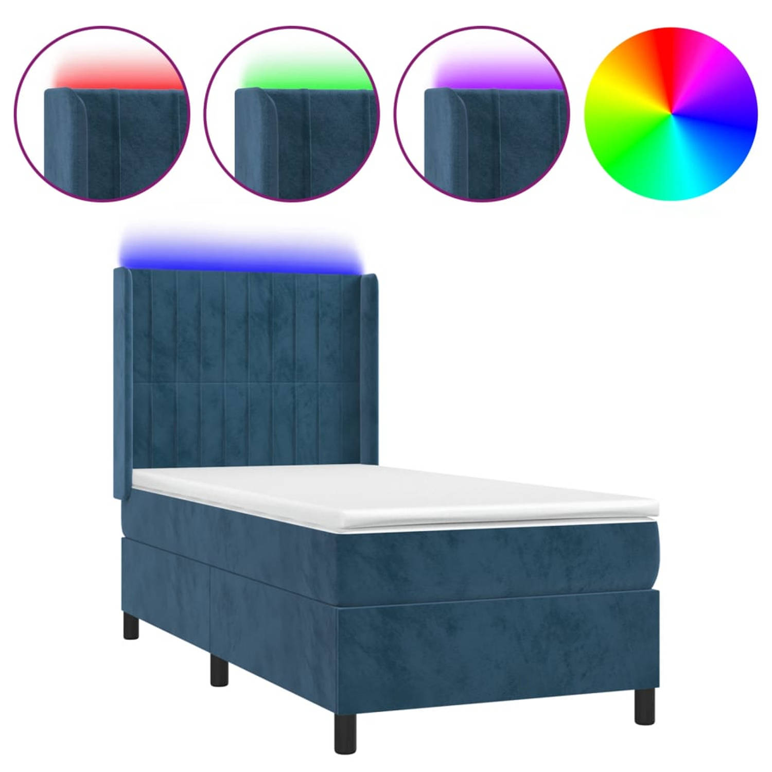 The Living Store Bed Donkerblauw Fluweel 203x83x118/128 cm - Pocketvering Matras - Huidvriendelijk Topmatras - Kleurrijke LED