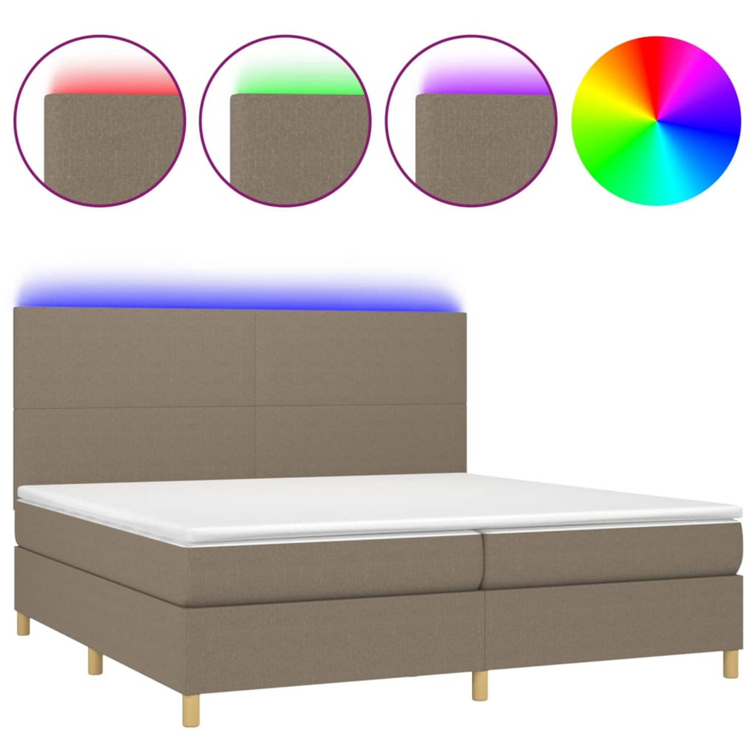 The Living Store Boxspring Bed - LED - Pocketvering matras - Huidvriendelijk topmatras - Afmetingen- 203 x 200 x 118/128 cm - Kleur- taupe - Met verstelbaar hoofdbord - Kleurrijke