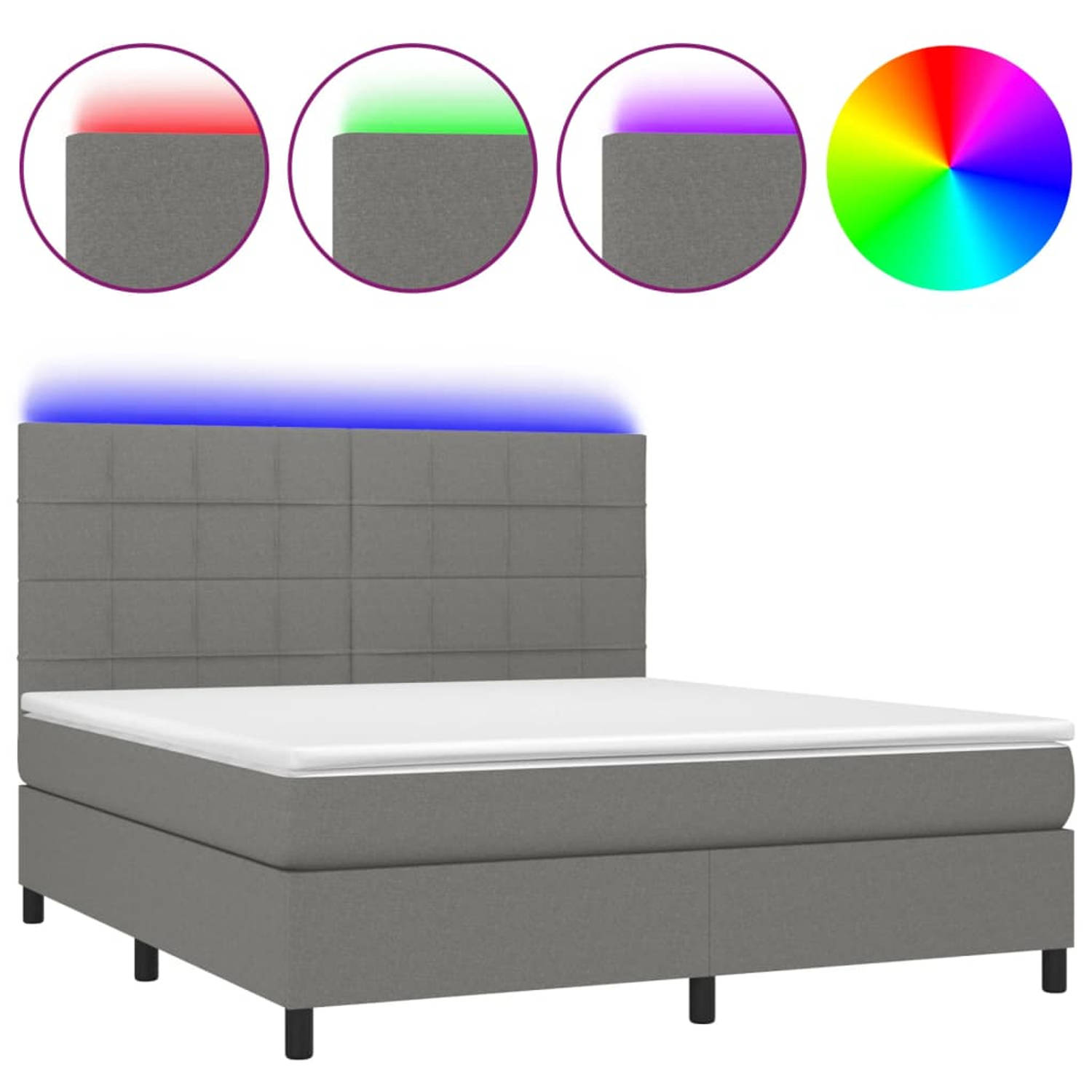 The Living Store Bedboxspring - Donkergrijs - 203 x 160 x 118/128 cm - Inclusief matras en LED