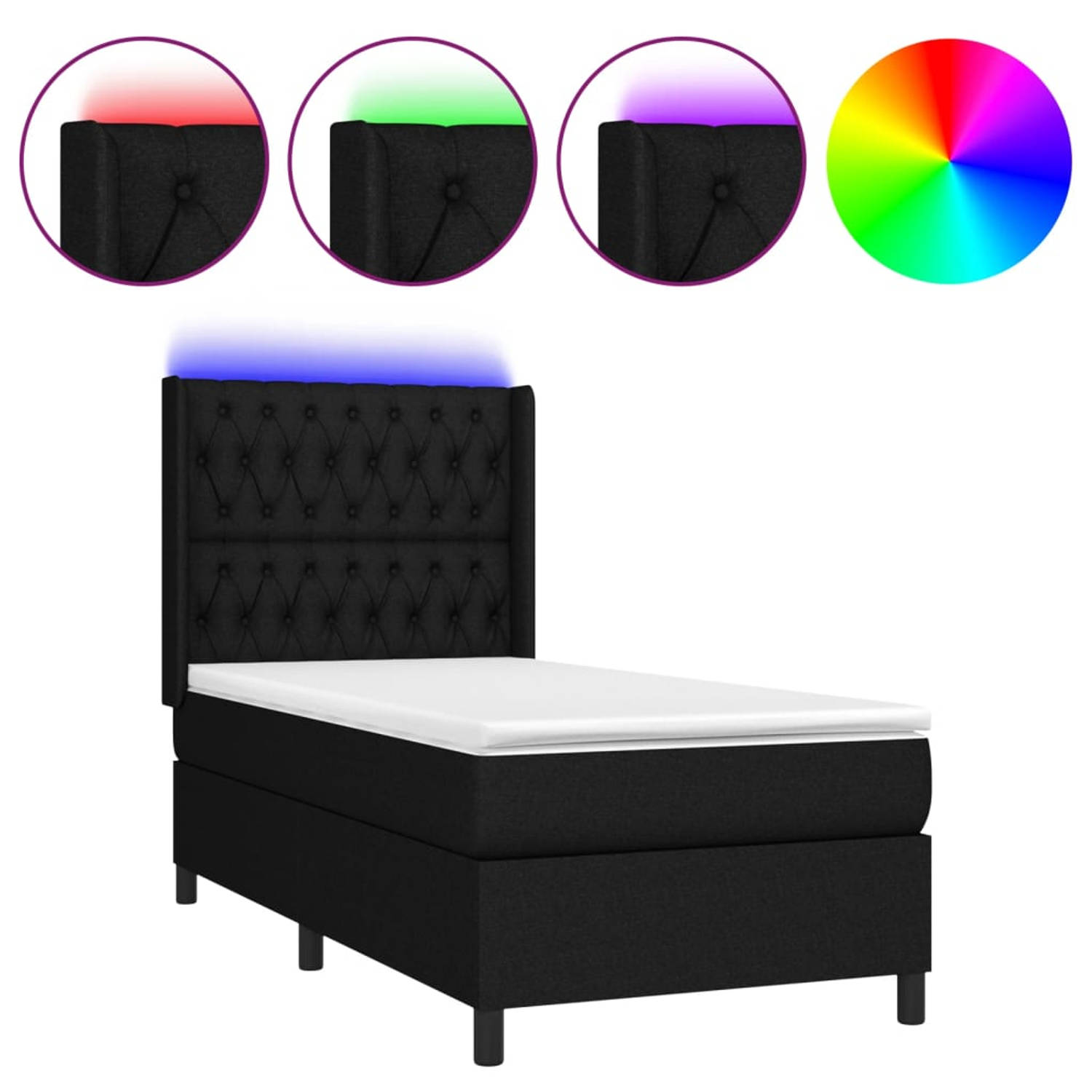 The Living Store Boxspring - naam - Bed met matras en LED-verlichting - 203x83x118/128 cm - Zwart - Pocketvering matras - Huidvriendelijk topmatras - Verstelbaar hoofdbord - Kleurr