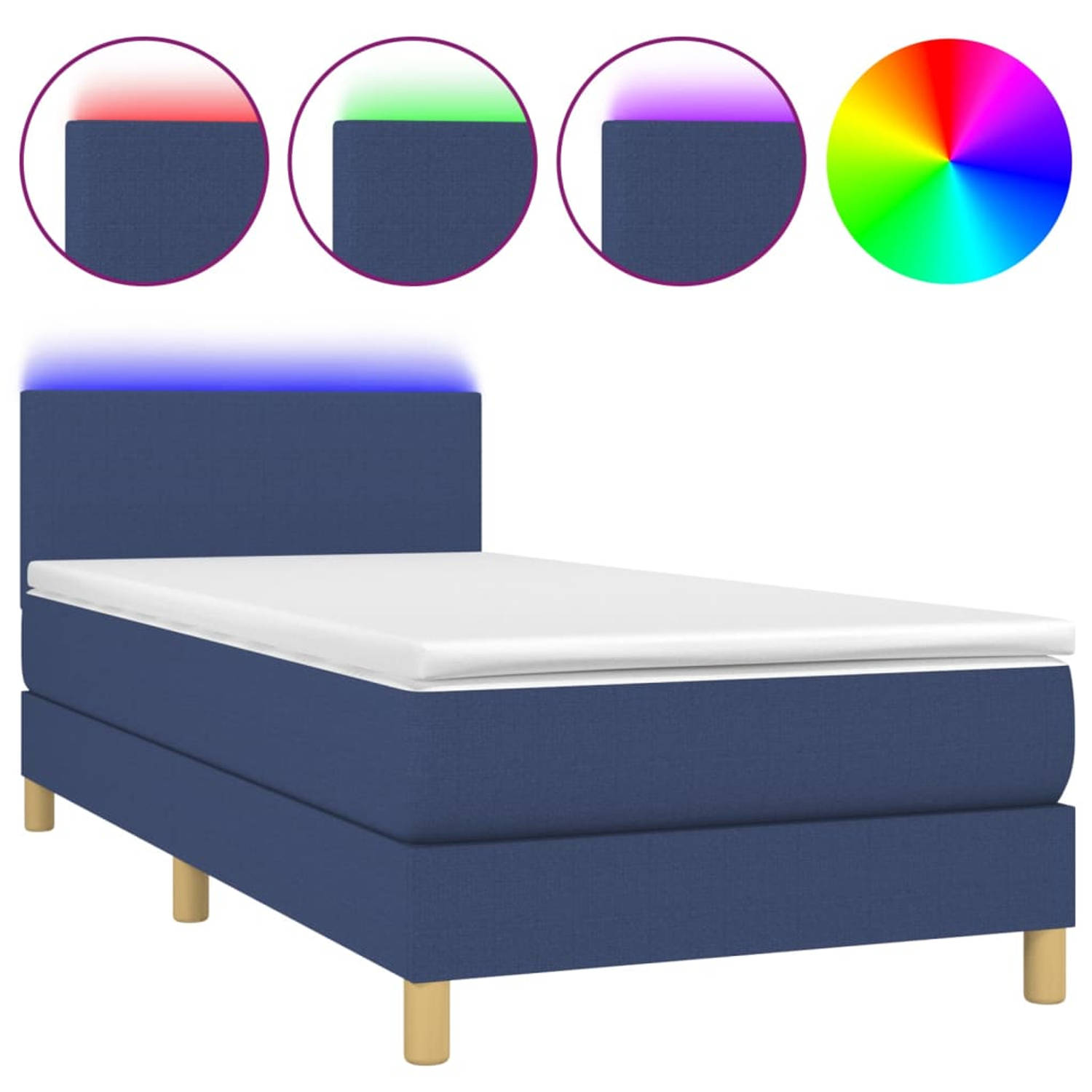 The Living Store Boxspring Bed - Blauw - 193 x 90 x 78/88 cm - Verstelbaar hoofdbord - LED-verlichting - Pocketvering matras - Huidvriendelijk topmatras