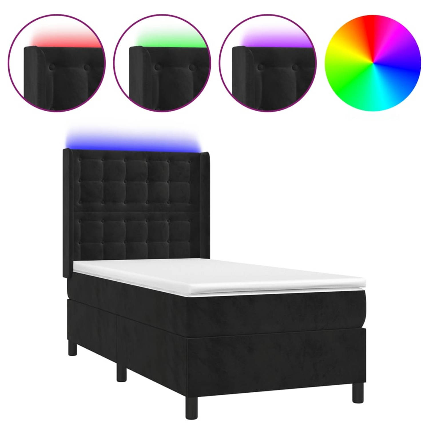 The Living Store Boxspring Bed - Zacht fluwelen - Hoogte verstelbaar - Kleurrijke LED-verlichting - Pocketvering matras - Huidvriendelijk topmatras - 203 x 83 x 118/128 cm - zwart