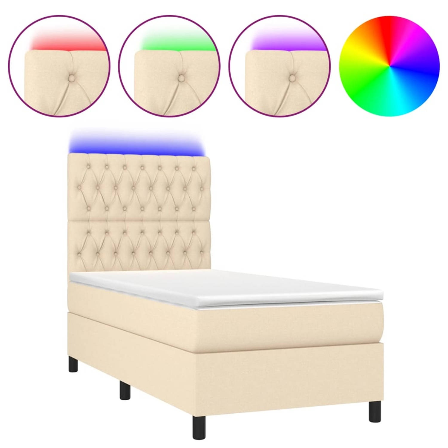 The Living Store Boxspring Bed - Crème - 193x90x118/128 cm - Verstelbaar hoofdbord - Kleurrijke LED-verlichting -