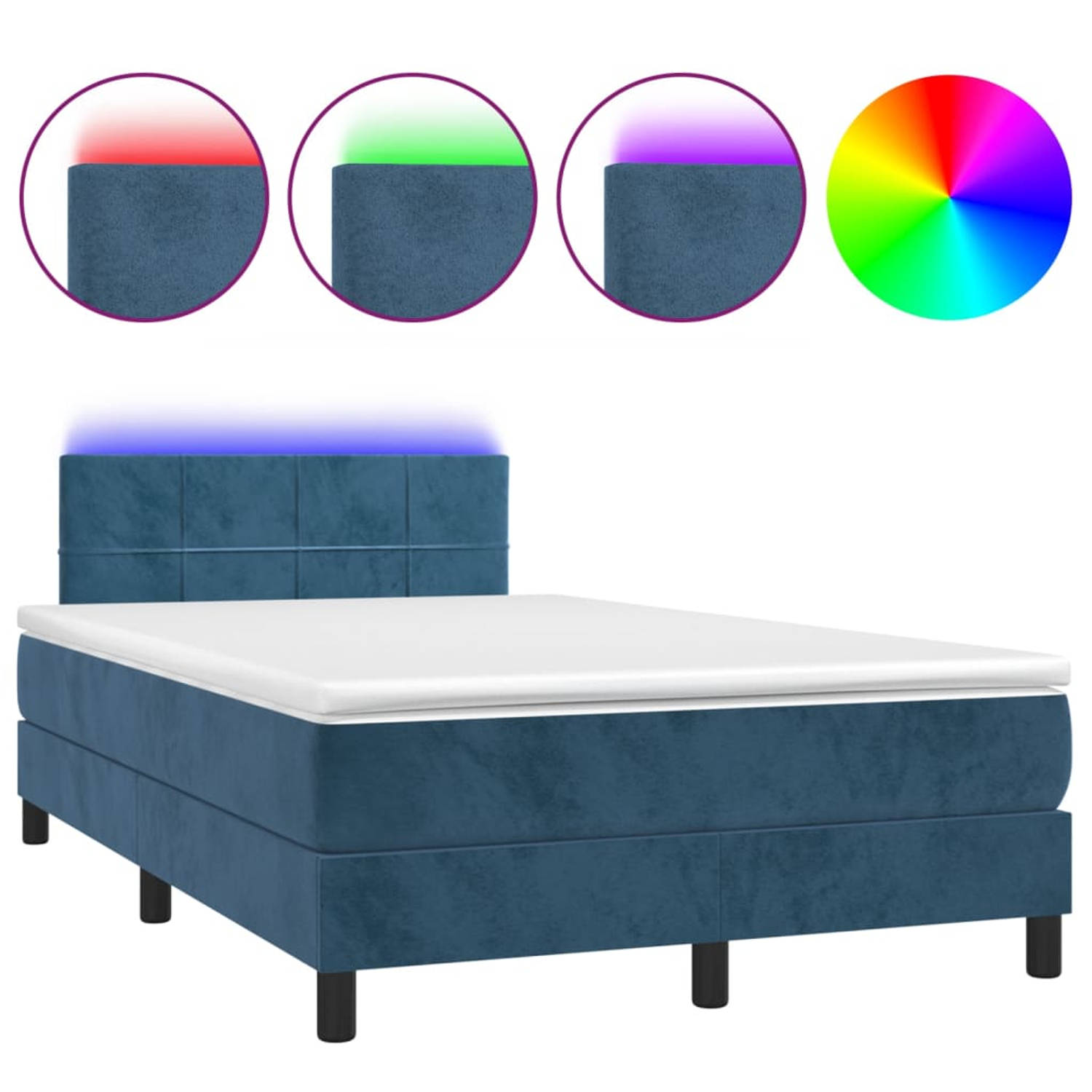 The Living Store Boxspring Lathyrus - 203 x 120 x 78/88 cm - Donkerblauw Fluweel - LED - Pocketvering Matras - Huidvriendelijk