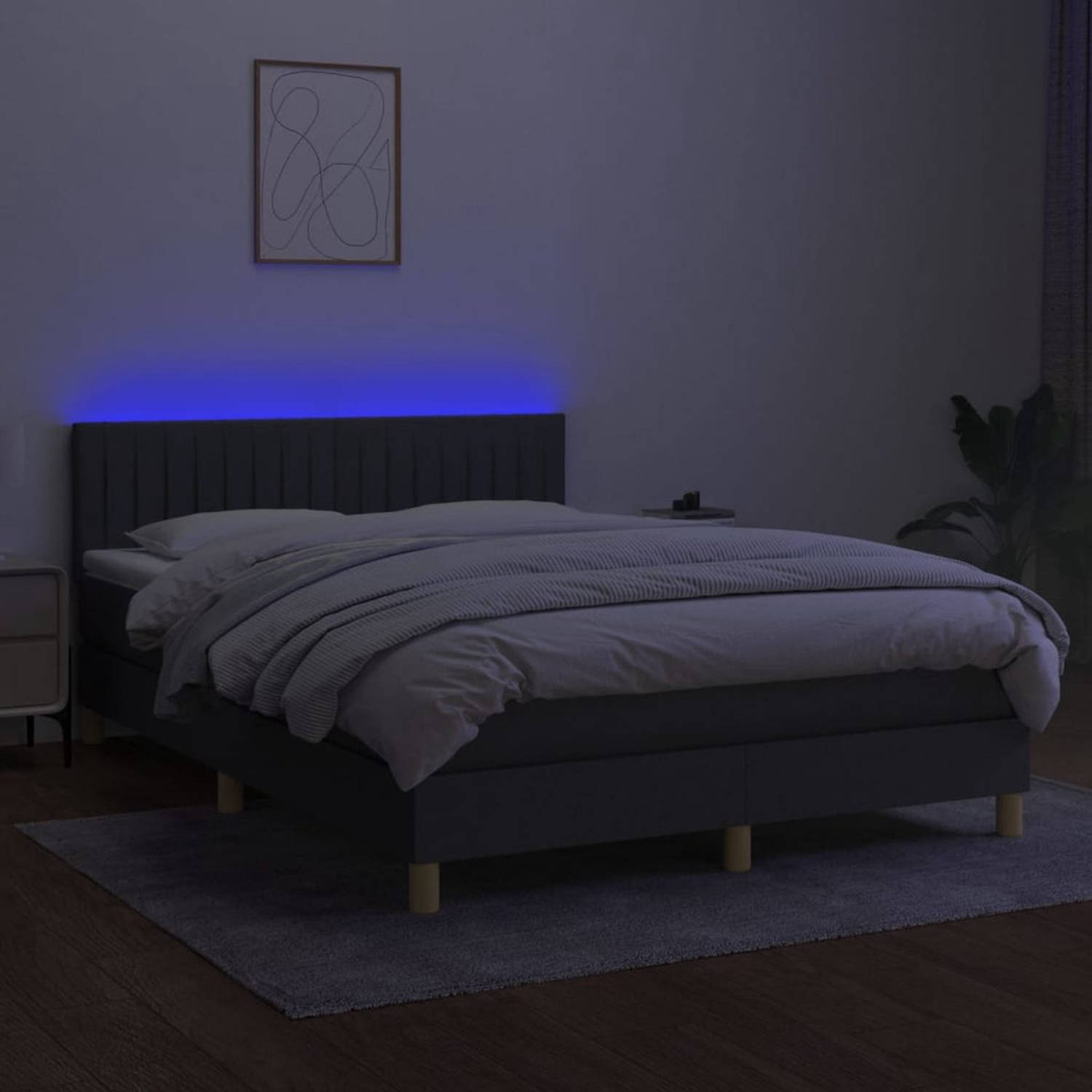 The Living Store Boxspring Bed - donkergrijs - 193 x 144 x 78/88 cm - verstelbaar hoofdbord - LED-verlichting - pocketvering matras - huidvriendelijk topmatras - inclusief montageh