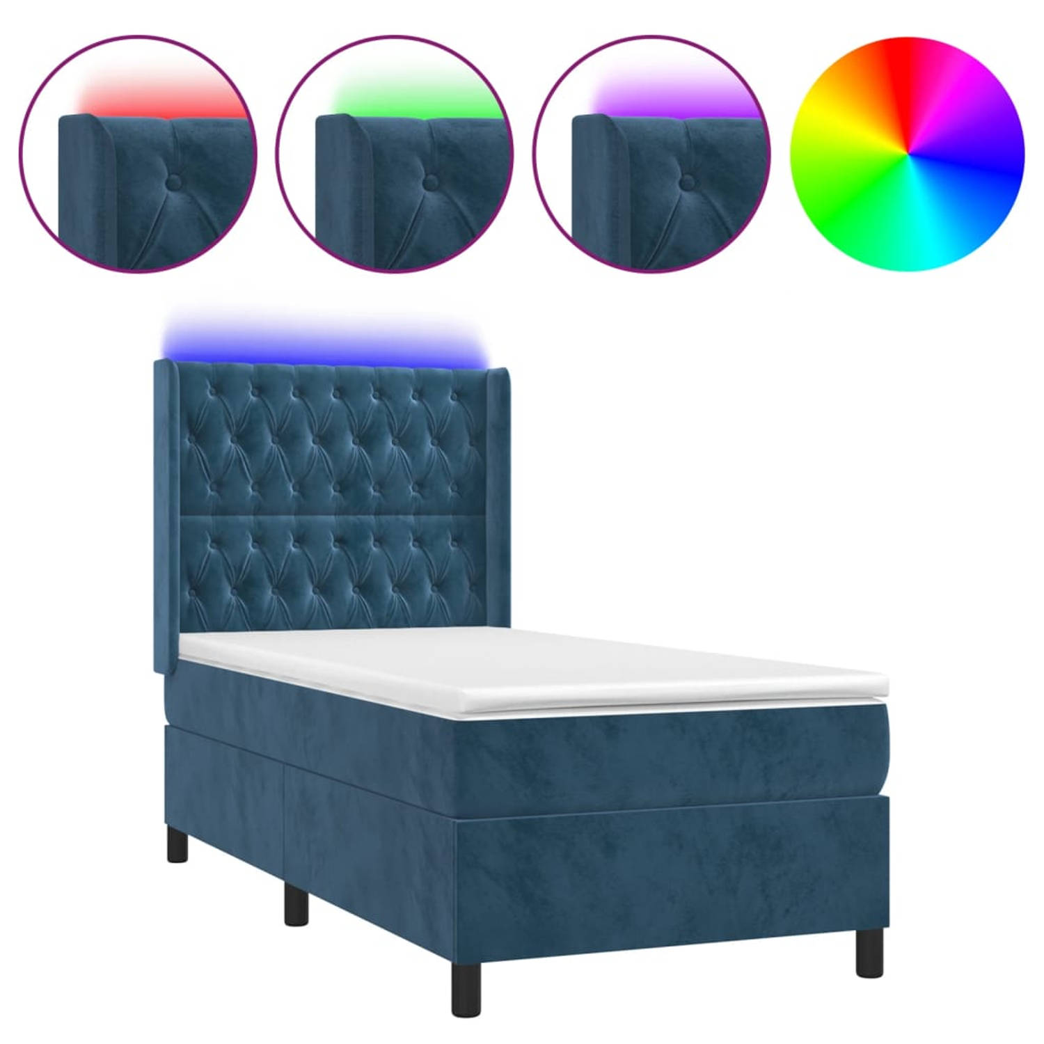 The Living Store Boxspring - donkerblauw fluweel - 203 x 93 x 118/128 cm - verstelbaar hoofdbord - kleurrijke LED-verlichting - pocketvering matras - huidvriendelijk topmatras - mo